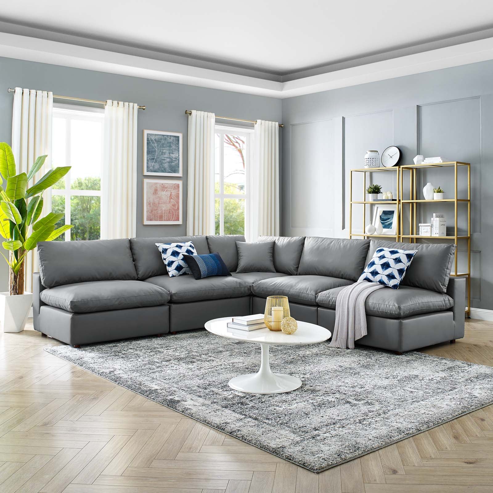 Modway Sectional Sofas - Commix Down Filled Overstuffed Vegan Leather 5 Pieces Sectional Sofa Gray