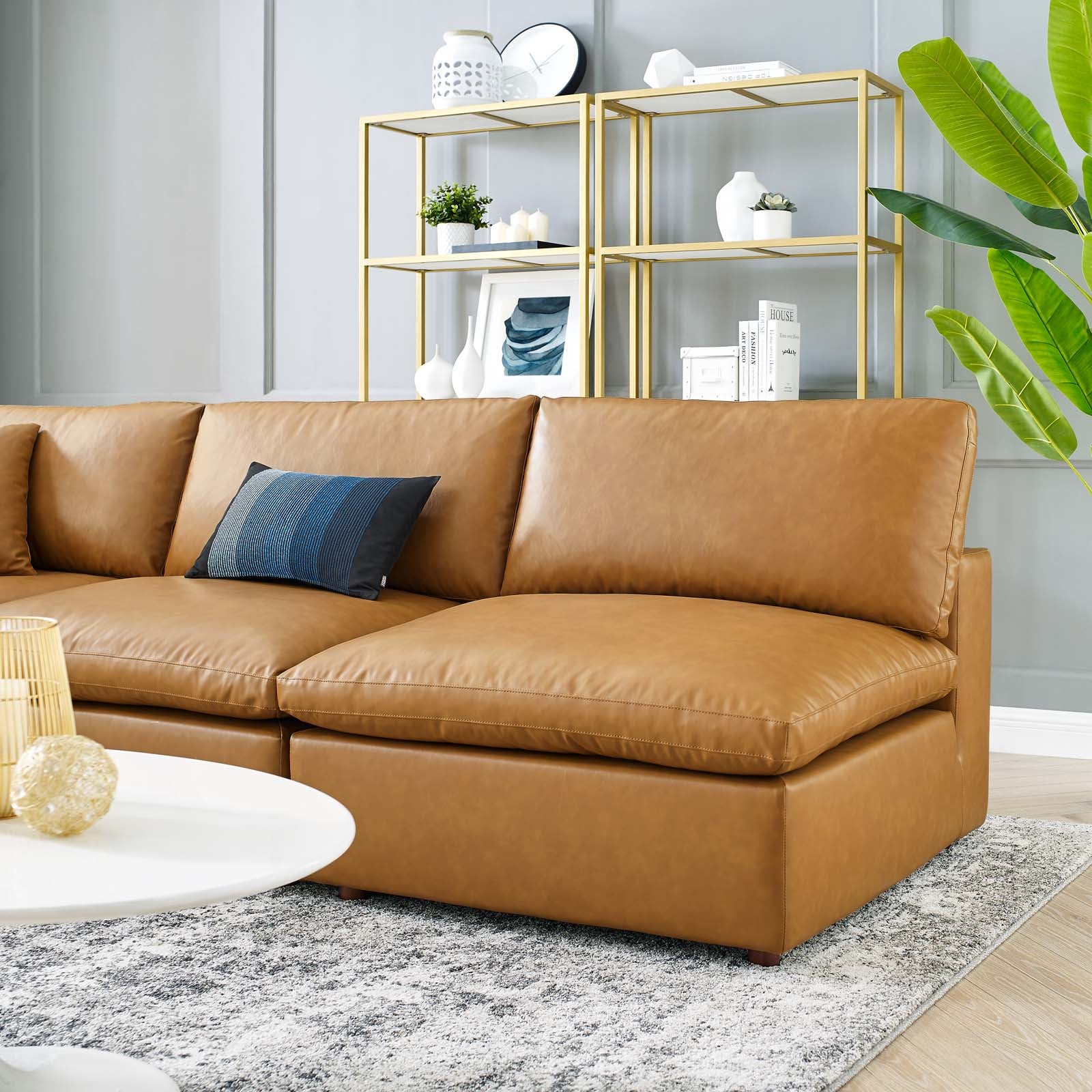 Modway Sectional Sofas - Commix Down Filled Overstuffed Vegan Leather 5 Pieces Sectional Sofa Tan