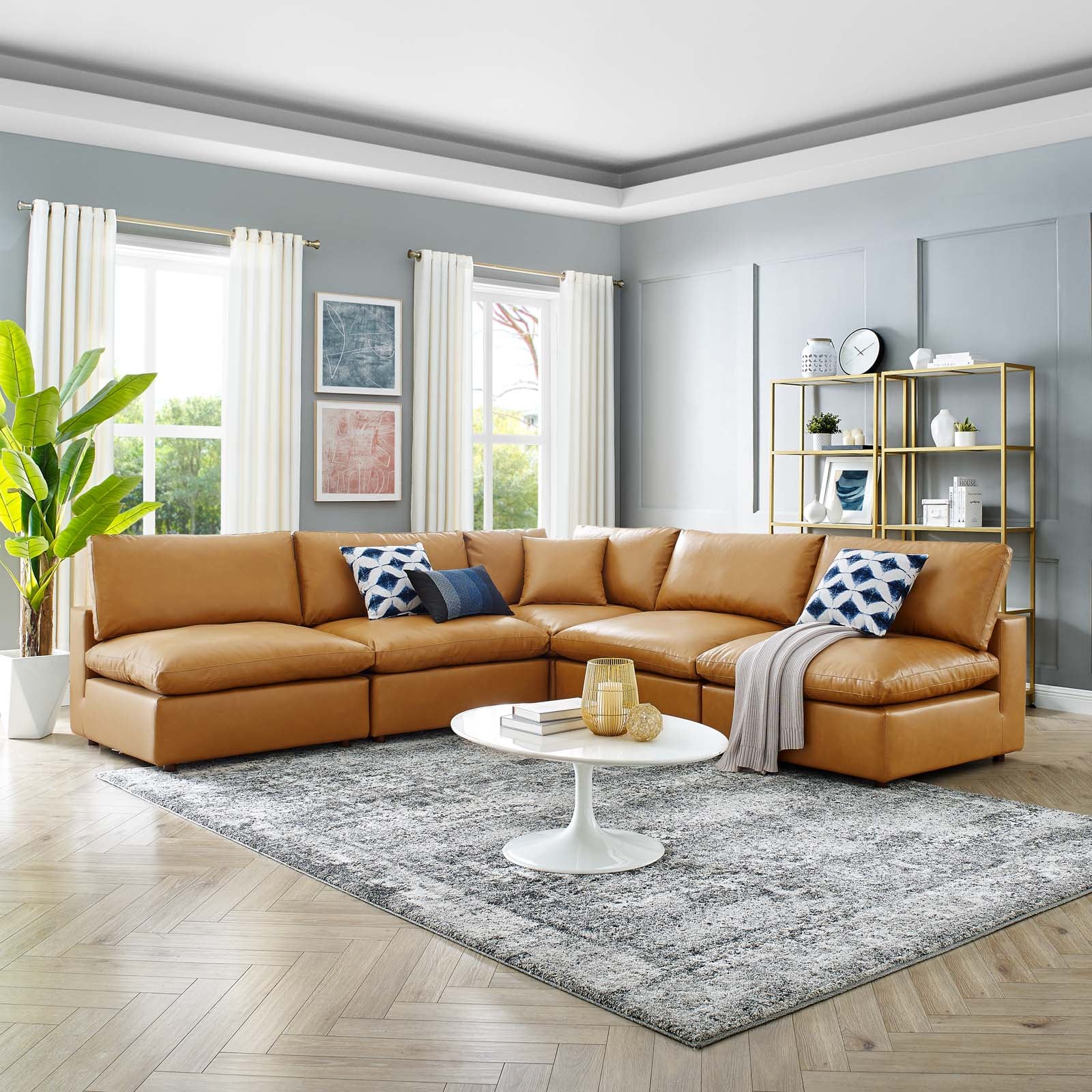 Modway Sectional Sofas - Commix Down Filled Overstuffed Vegan Leather 5 Pieces Sectional Sofa Tan