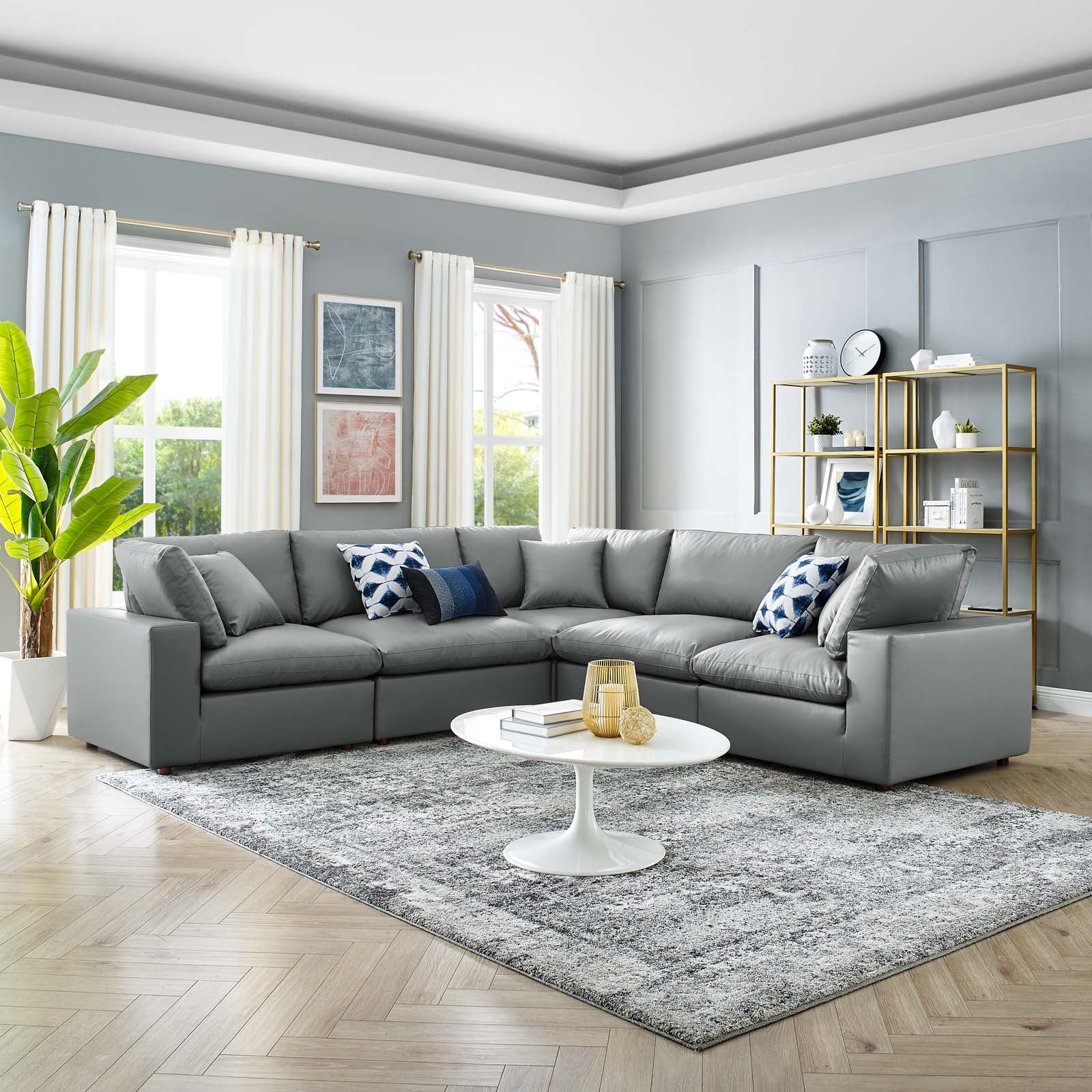 Modway Sectional Sofas - Commix Down Filled Overstuffed Vegan Leather 5 Piece Sectional Sofa Gray