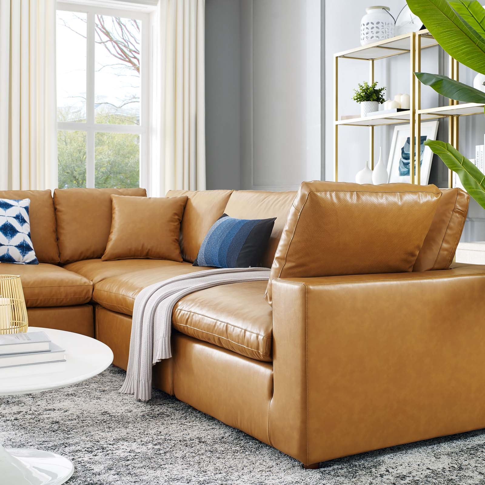 Modway Sectional Sofas - Commix Down Filled Overstuffed Vegan Leather 5 Piece Sectional Sofa Tan