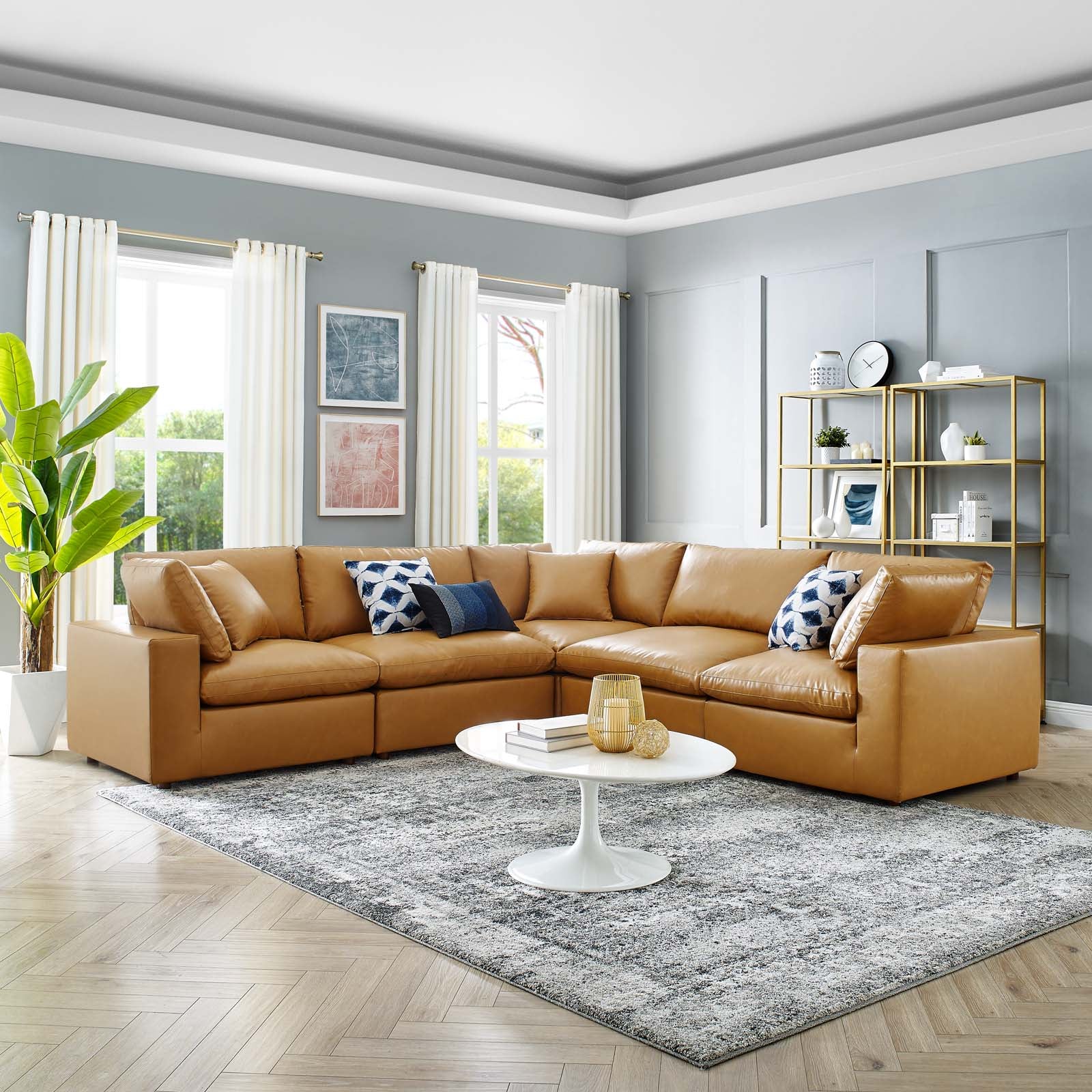 Modway Sectional Sofas - Commix Down Filled Overstuffed Vegan Leather 5 Piece Sectional Sofa Tan