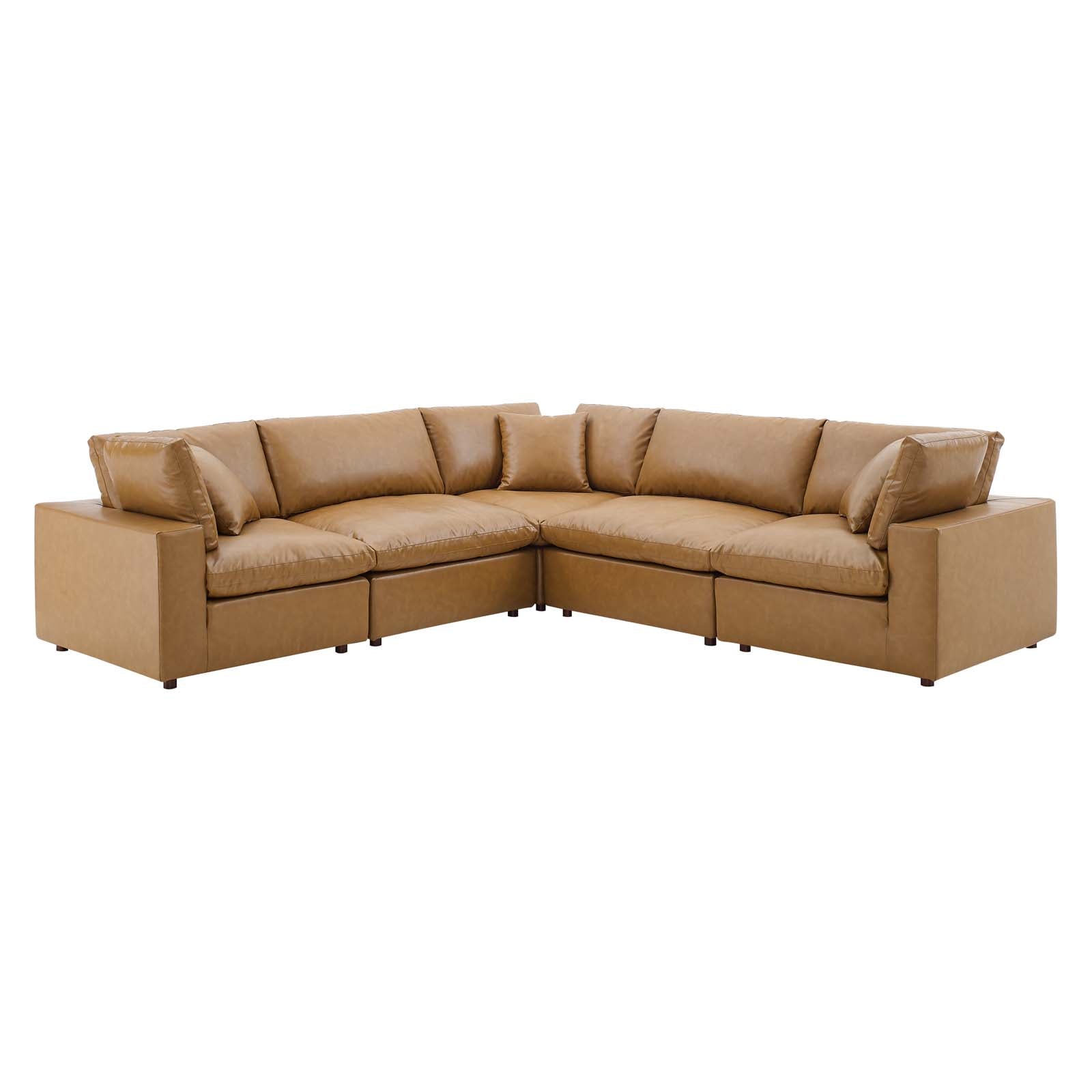 Modway Sectional Sofas - Commix Down Filled Overstuffed Vegan Leather 5 Piece Sectional Sofa Tan