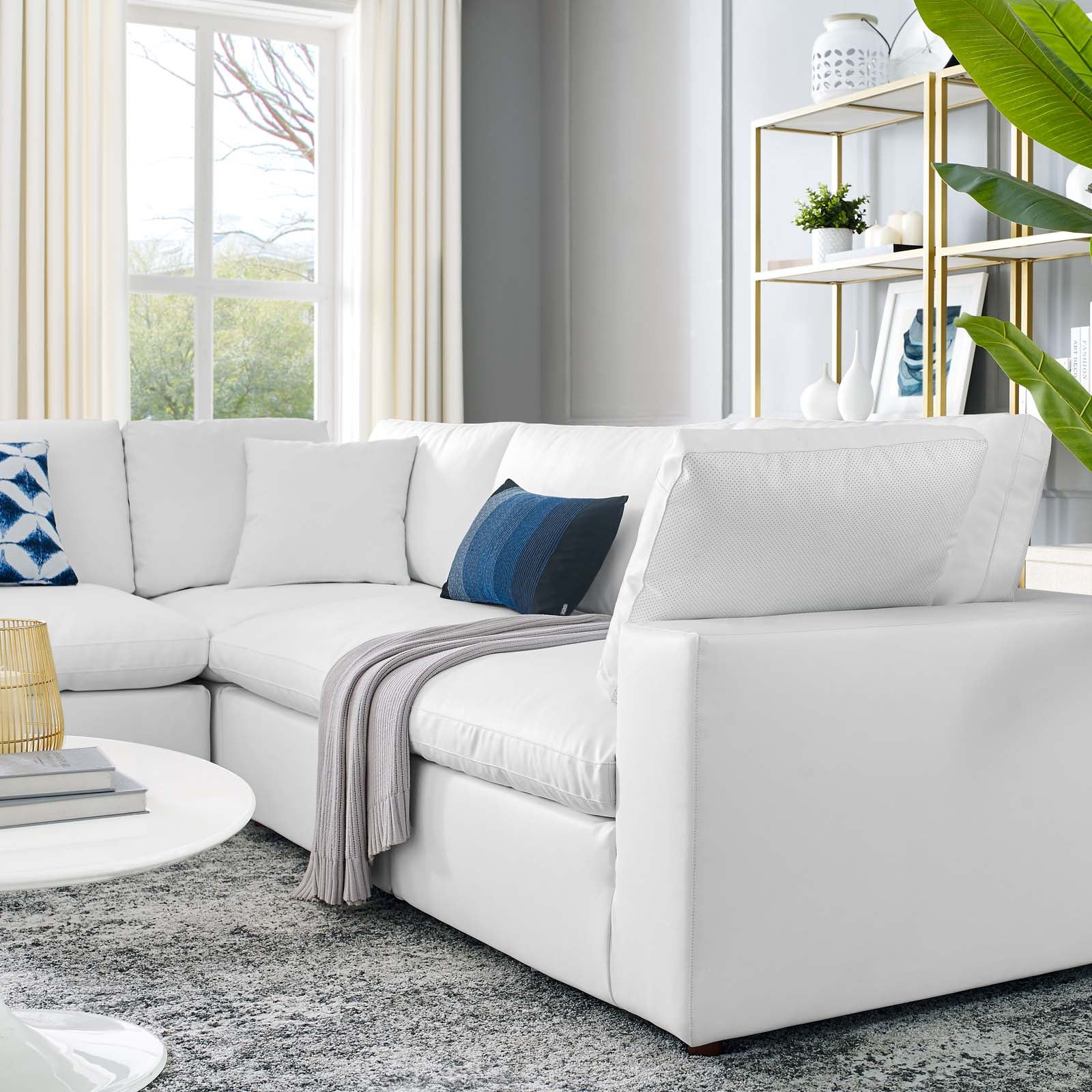Modway Sectional Sofas - Commix Down Filled Overstuffed Vegan Leather 5 Piece Sectional Sofa White