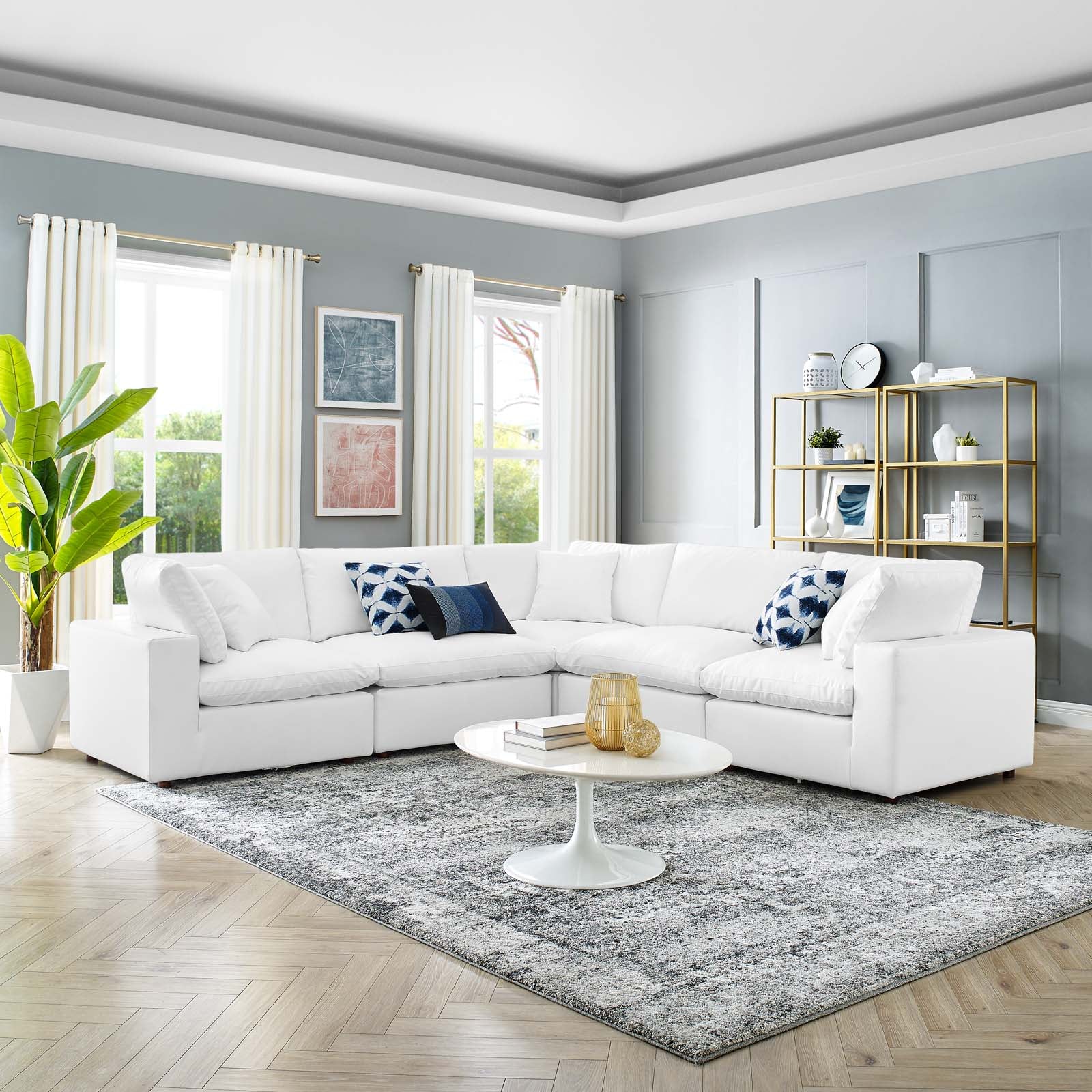 Modway Sectional Sofas - Commix Down Filled Overstuffed Vegan Leather 5 Piece Sectional Sofa White
