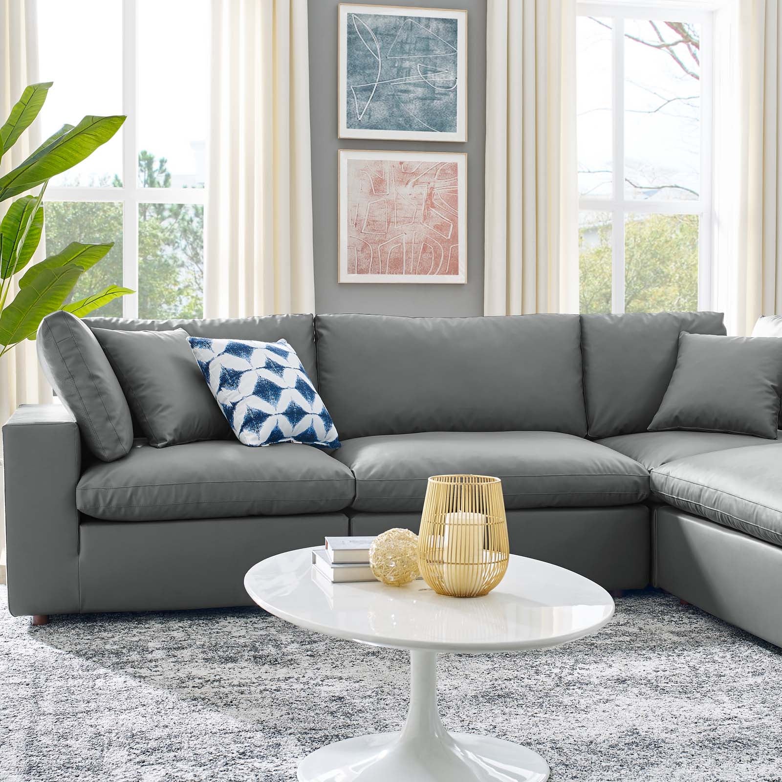 Modway Sectional Sofas - Commix Down Filled Overstuffed Vegan Leather 6 Piece Sectional Sofa Gray