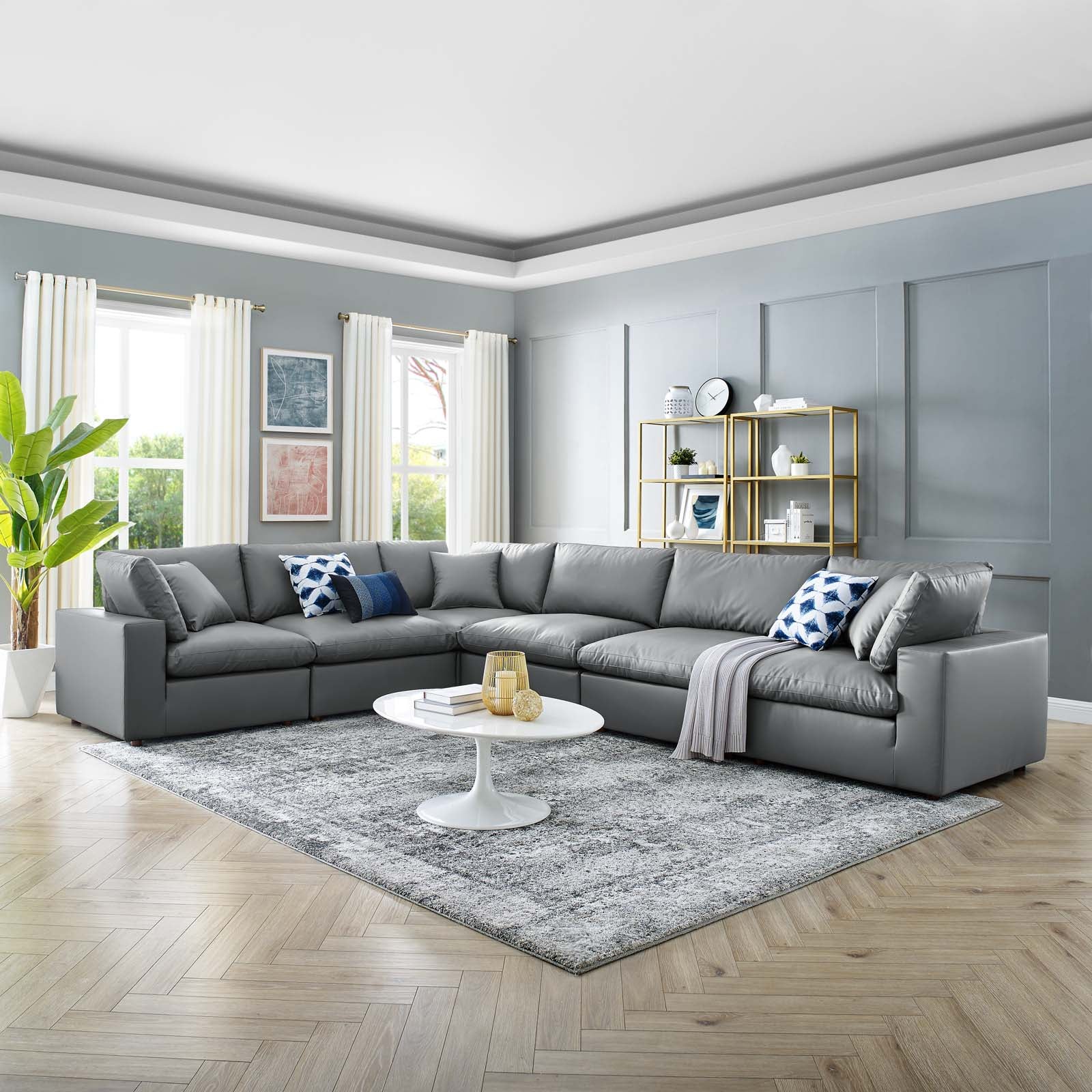 Modway Sectional Sofas - Commix Down Filled Overstuffed Vegan Leather 6 Piece Sectional Sofa Gray
