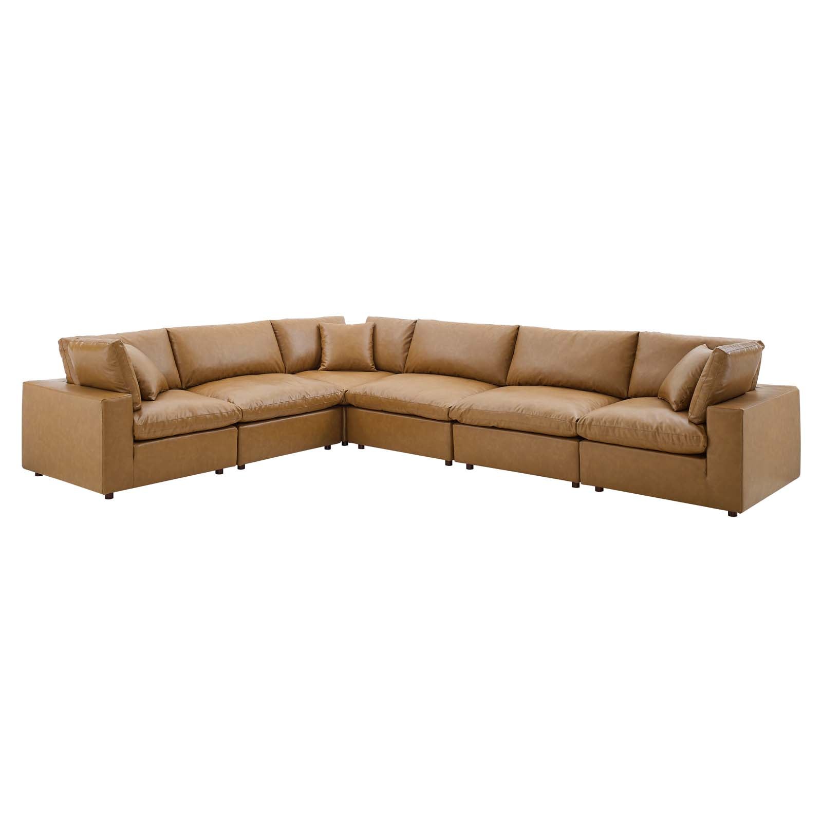 Modway Sectional Sofas - Commix Down Filled Overstuffed Vegan Leather 6 Piece Sectional Sofa Tan