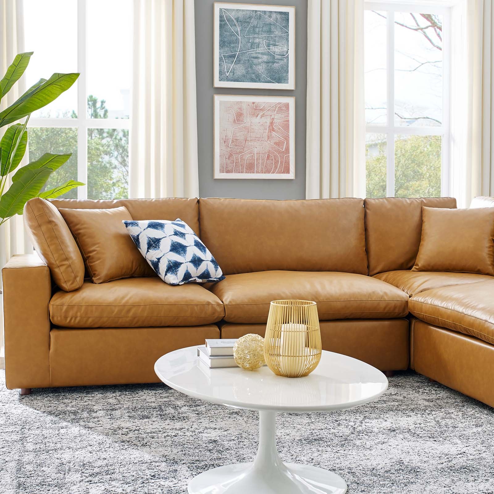Modway Sectional Sofas - Commix Down Filled Overstuffed Vegan Leather 6 Piece Sectional Sofa Tan