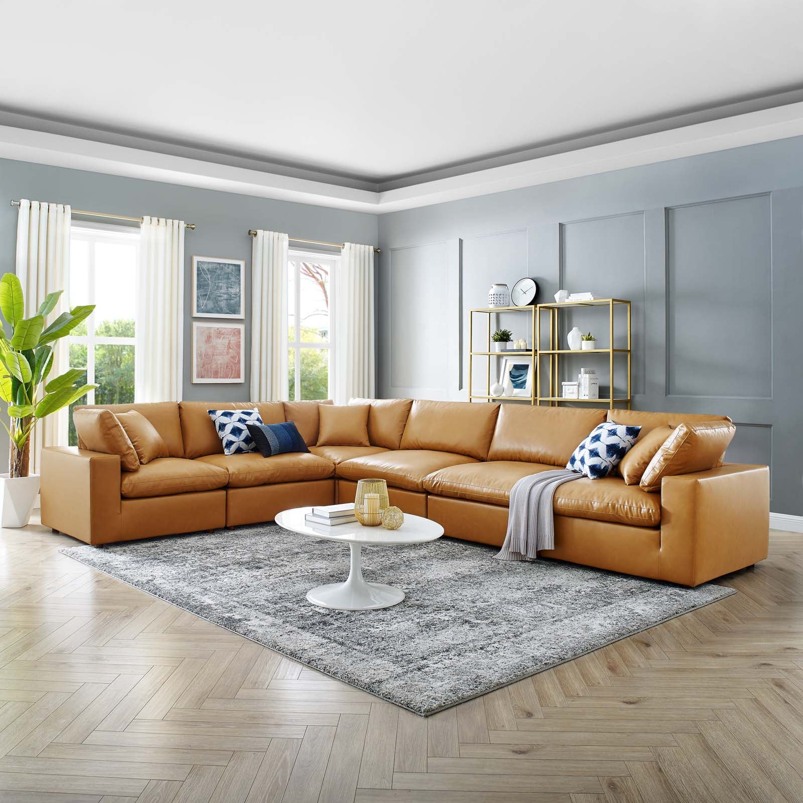 Modway Sectional Sofas - Commix Down Filled Overstuffed Vegan Leather 6 Piece Sectional Sofa Tan