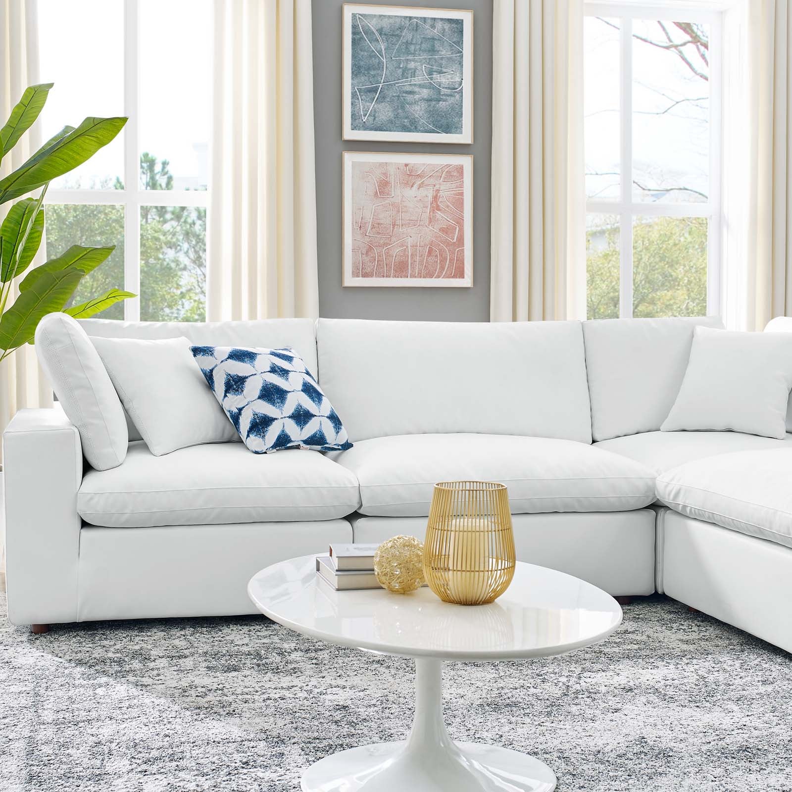 Modway Sectional Sofas - Commix Down Filled Overstuffed Vegan Leather 6 Piece Sectional Sofa White