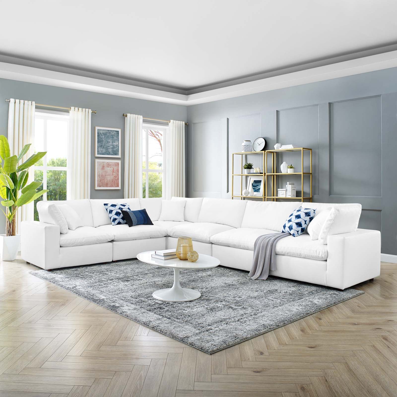 Modway Sectional Sofas - Commix Down Filled Overstuffed Vegan Leather 6 Piece Sectional Sofa White