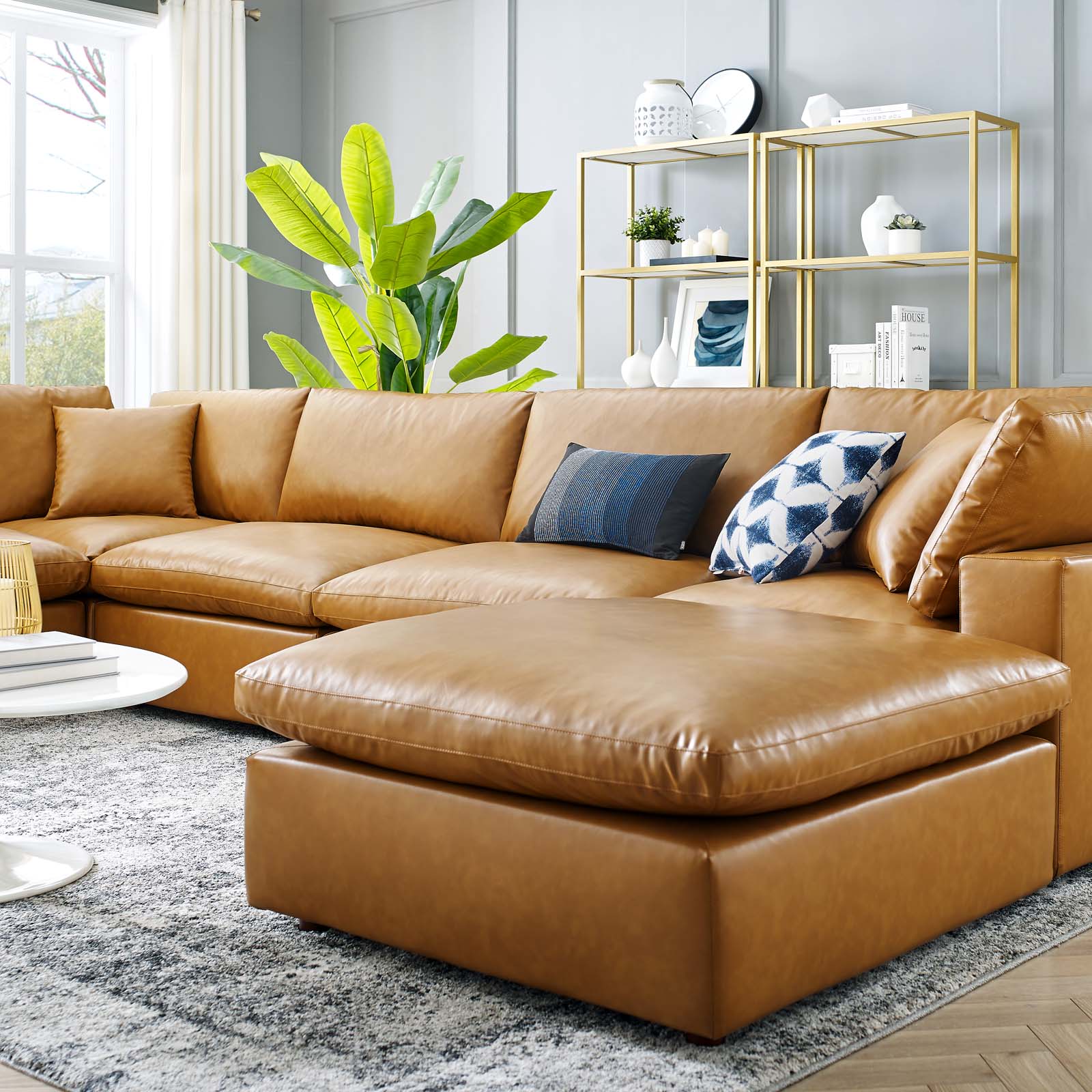 Modway Sectional Sofas - Commix Down Filled Overstuffed Vegan Leather 7 Piece Sectional Sofa Tan