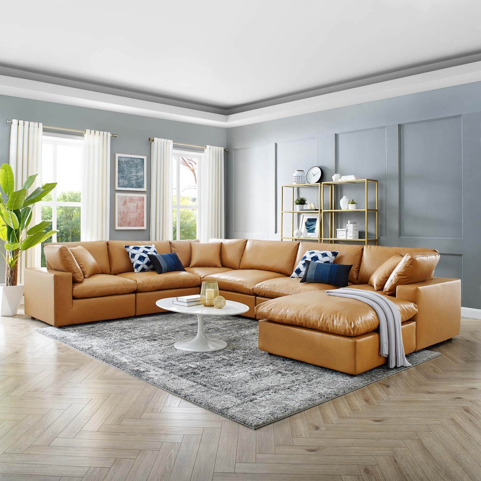 Modway Sectional Sofas - Commix Down Filled Overstuffed Vegan Leather 7 Piece Sectional Sofa Tan