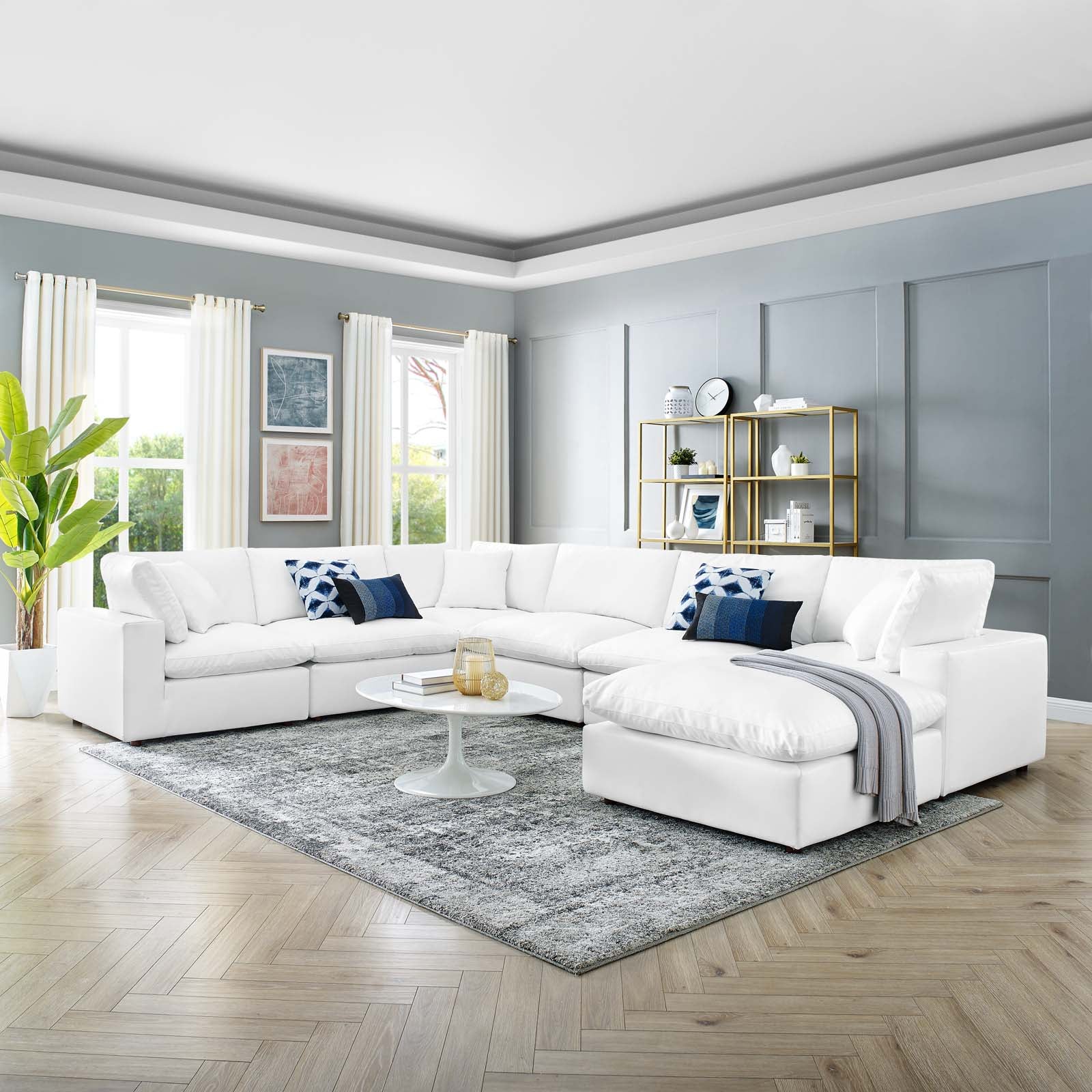 Modway Sectional Sofas - Commix Down Filled Overstuffed Vegan Leather 7 Piece Sectional Sofa White