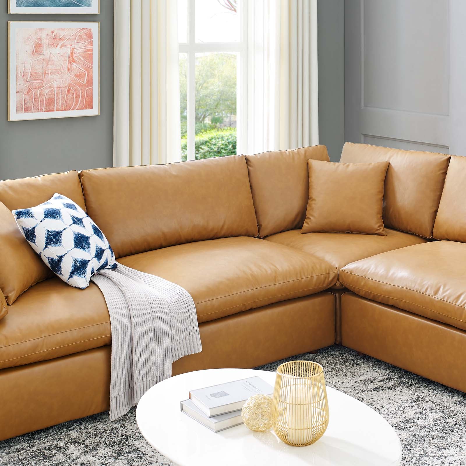 Modway Sectional Sofas - Commix Down Filled Overstuffed Vegan Leather 8 Piece Sectional Sofa Tan