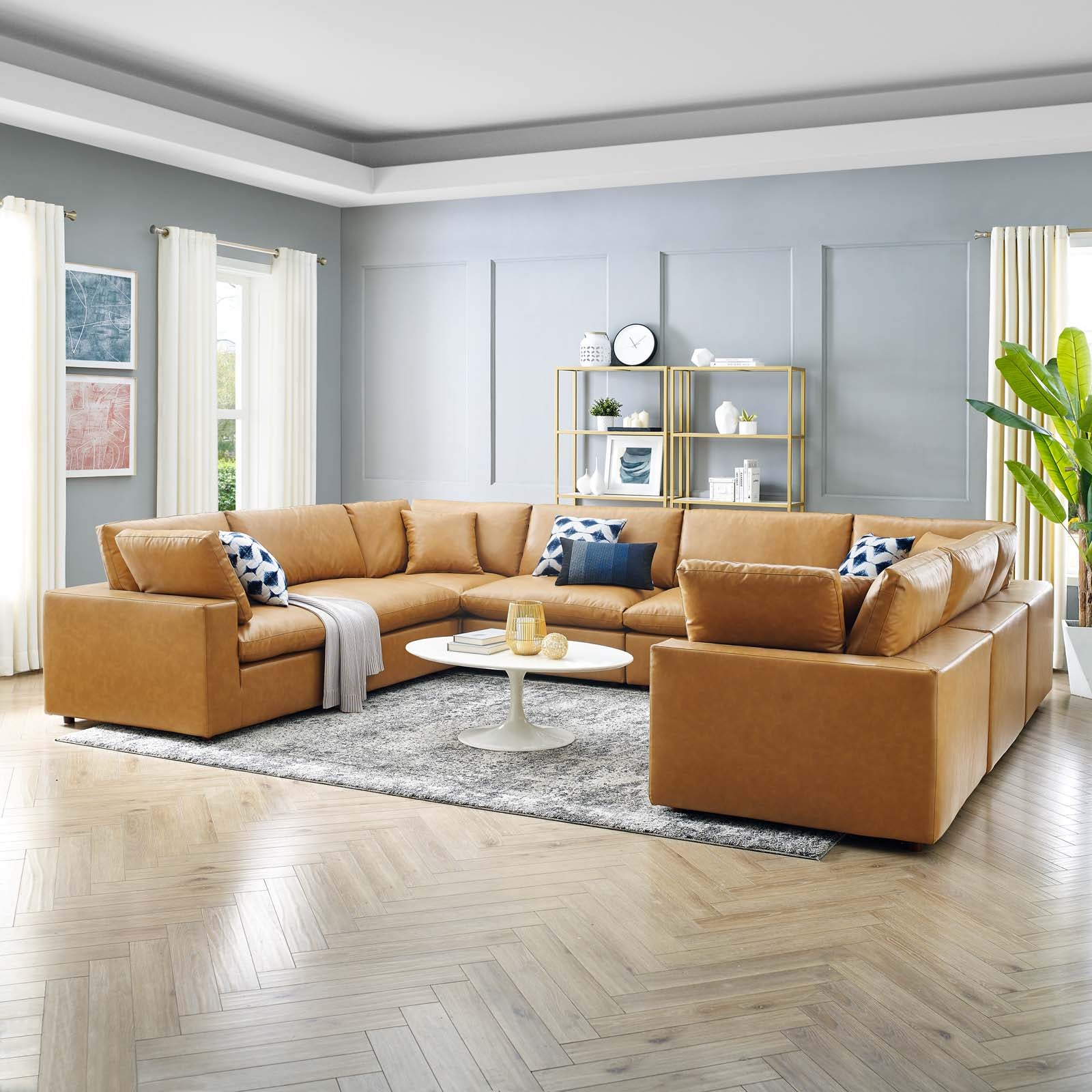 Modway Sectional Sofas - Commix Down Filled Overstuffed Vegan Leather 8 Piece Sectional Sofa Tan