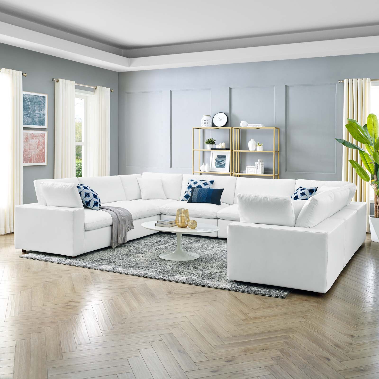 Modway Sectional Sofas - Commix Down Filled Overstuffed Vegan Leather 8 Piece Sectional Sofa White