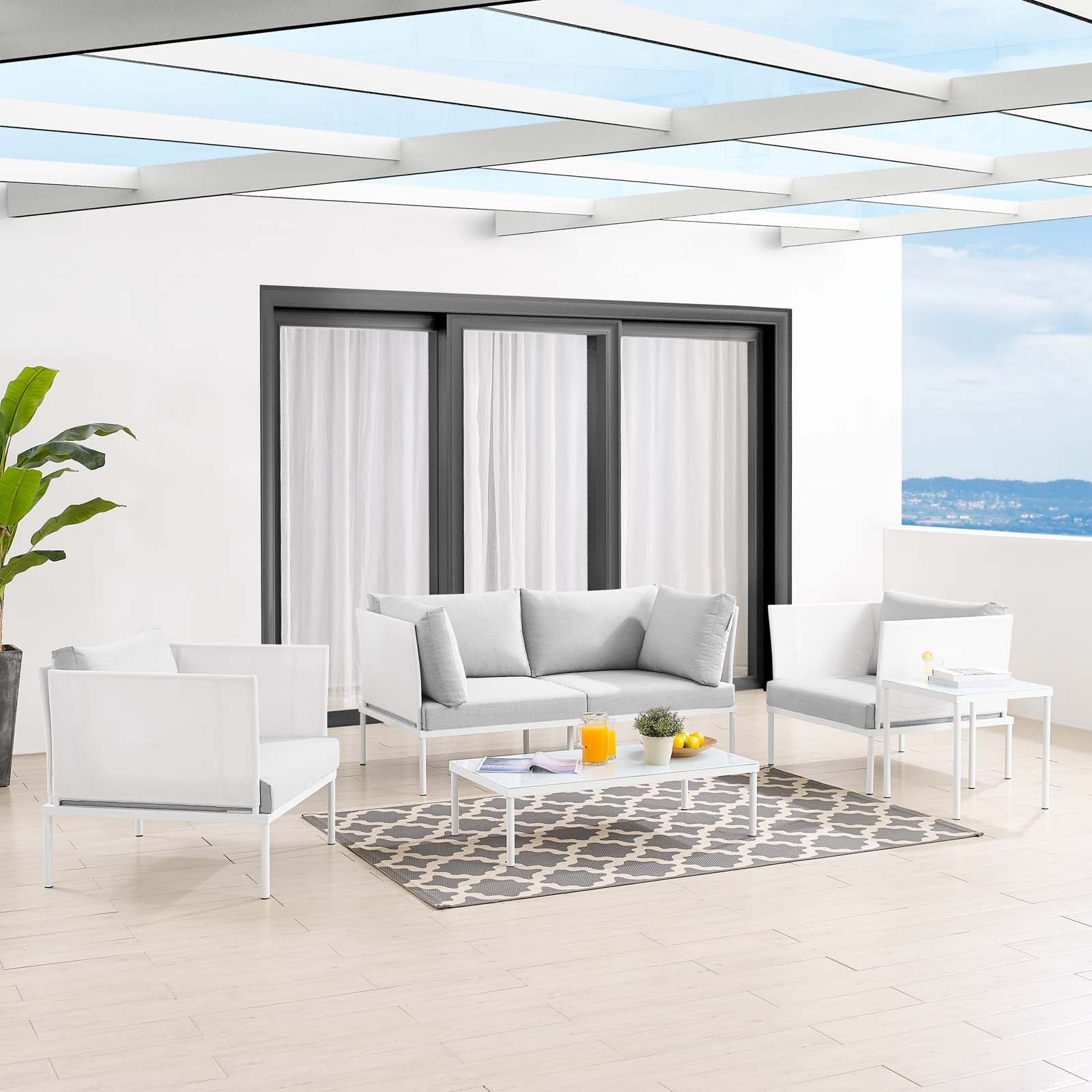 Modway Outdoor Conversation Sets - Harmony 5 Piece Sunbrella Outdoor Patio Aluminum Furniture Set White Gray