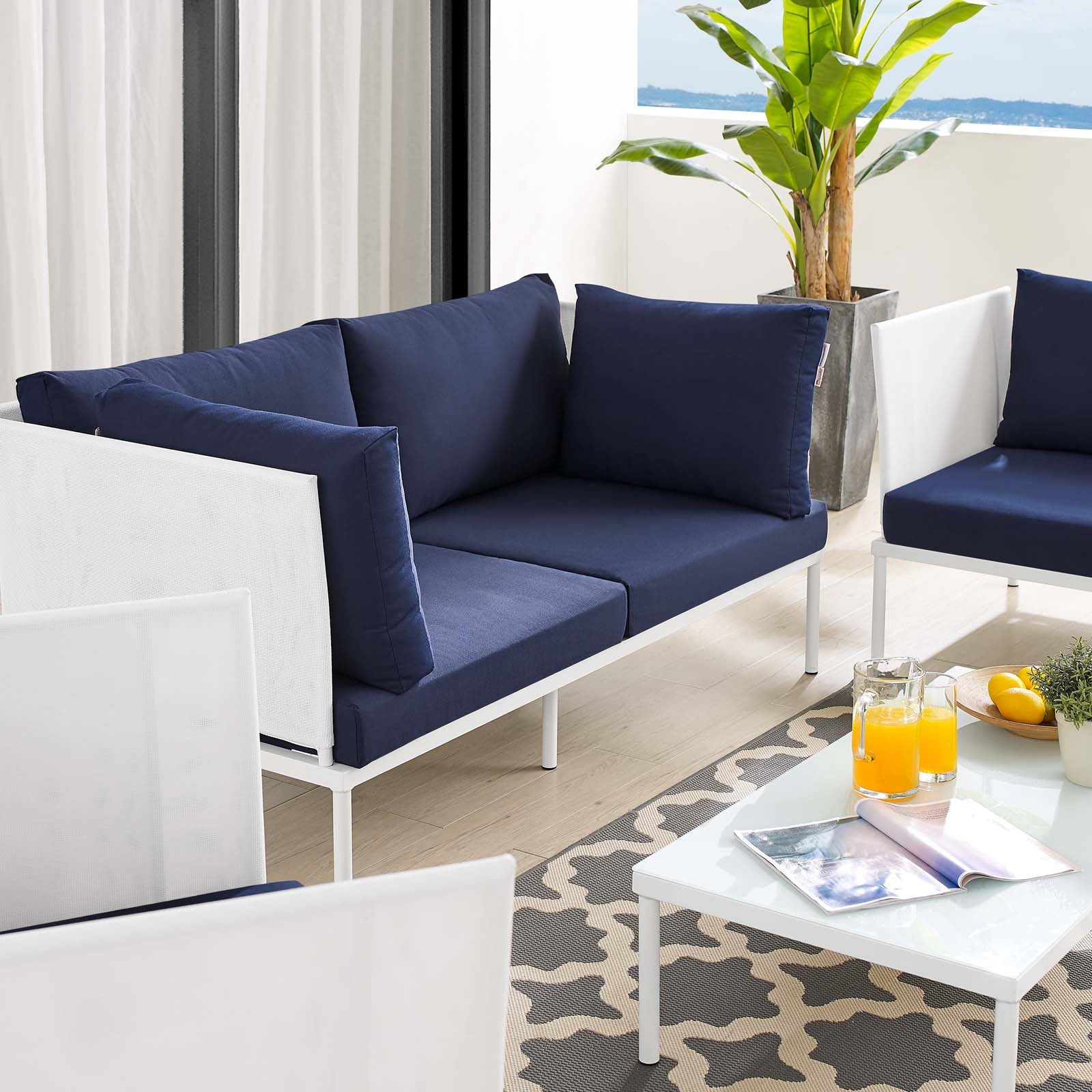 Modway Outdoor Conversation Sets - Harmony 5-Piece Sunbrella Outdoor Patio Aluminum Furniture Set White Navy