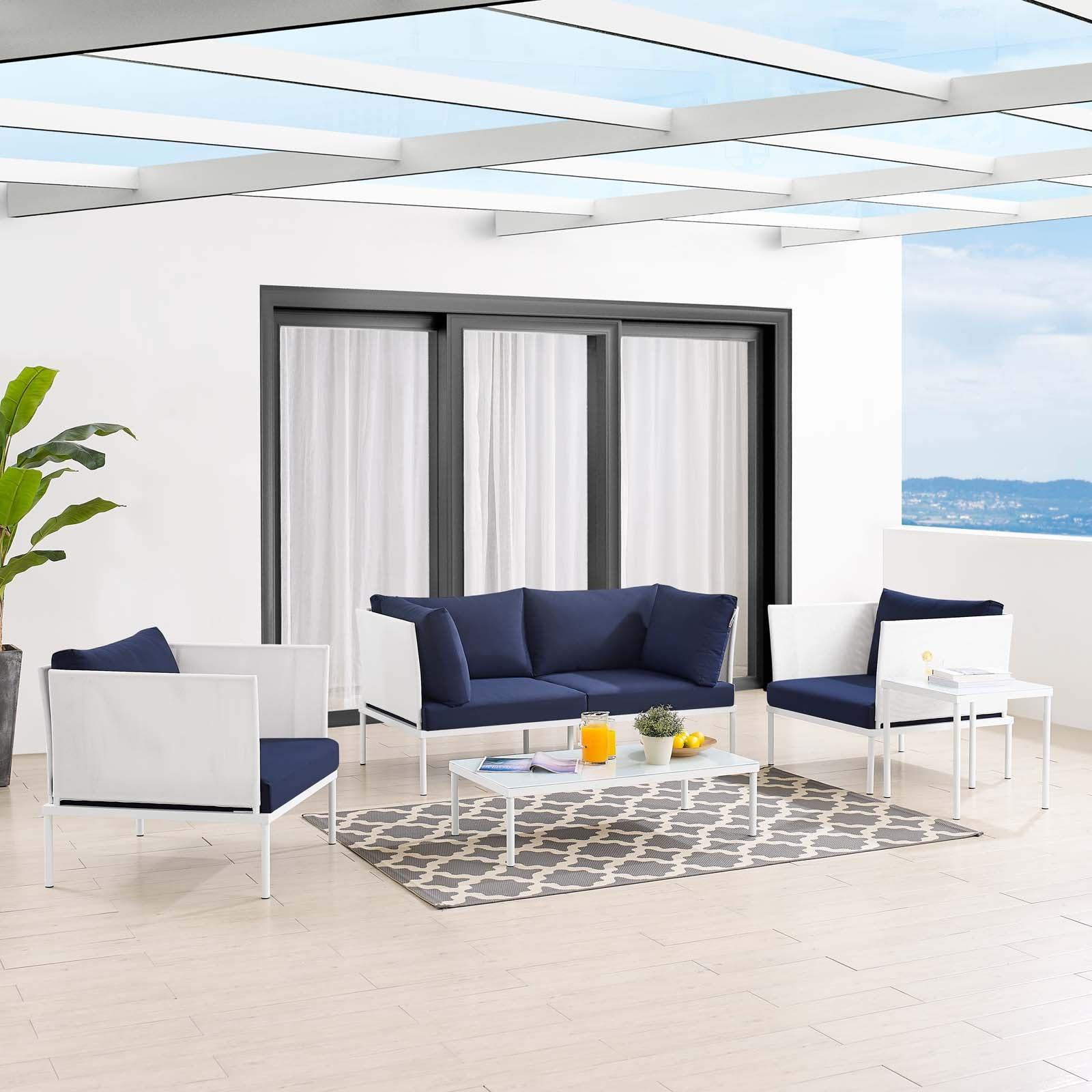 Modway Outdoor Conversation Sets - Harmony 5-Piece Sunbrella Outdoor Patio Aluminum Furniture Set White Navy