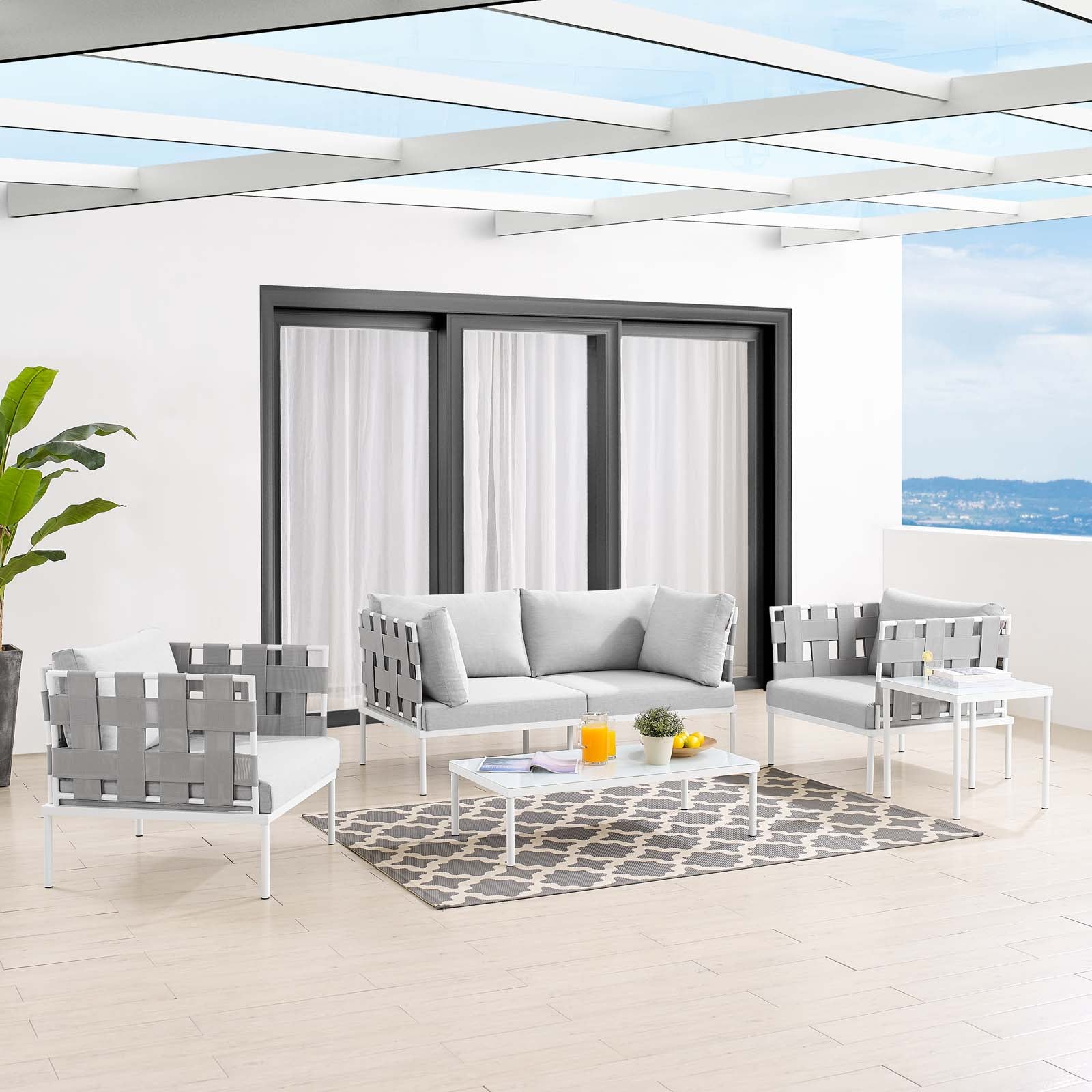Modway Outdoor Conversation Sets - Harmony 5 Piece Sunbrella Outdoor Patio Aluminum Furniture Set Gray