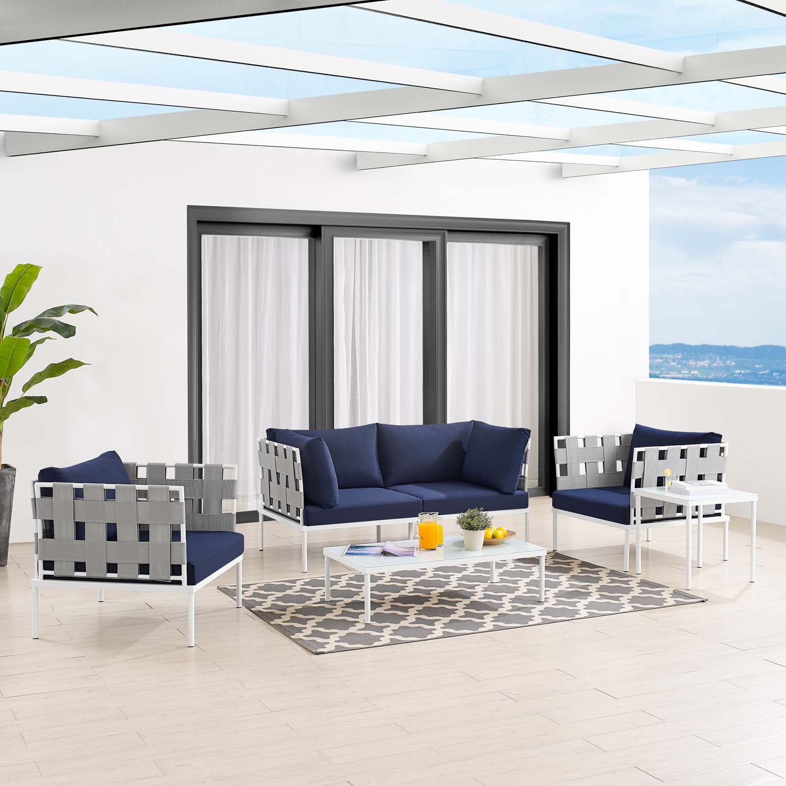 Modway Outdoor Conversation Sets - Harmony 5-Piece Sunbrella Outdoor Patio Aluminum Furniture Set Gray Navy