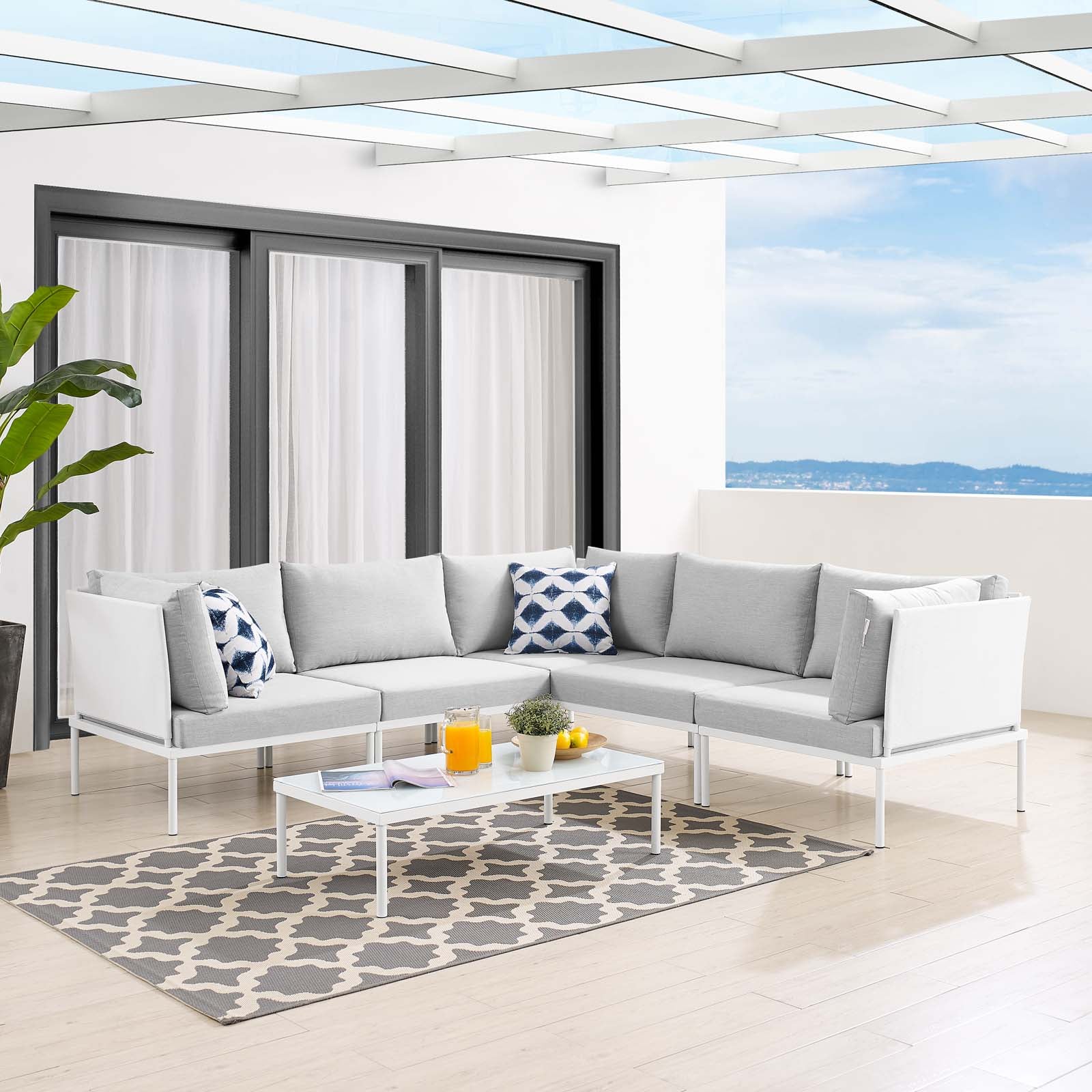 Modway Outdoor Conversation Sets - Harmony 6 Piece Sunbrella Outdoor Patio Aluminum Sectional Sofa Set White Gray