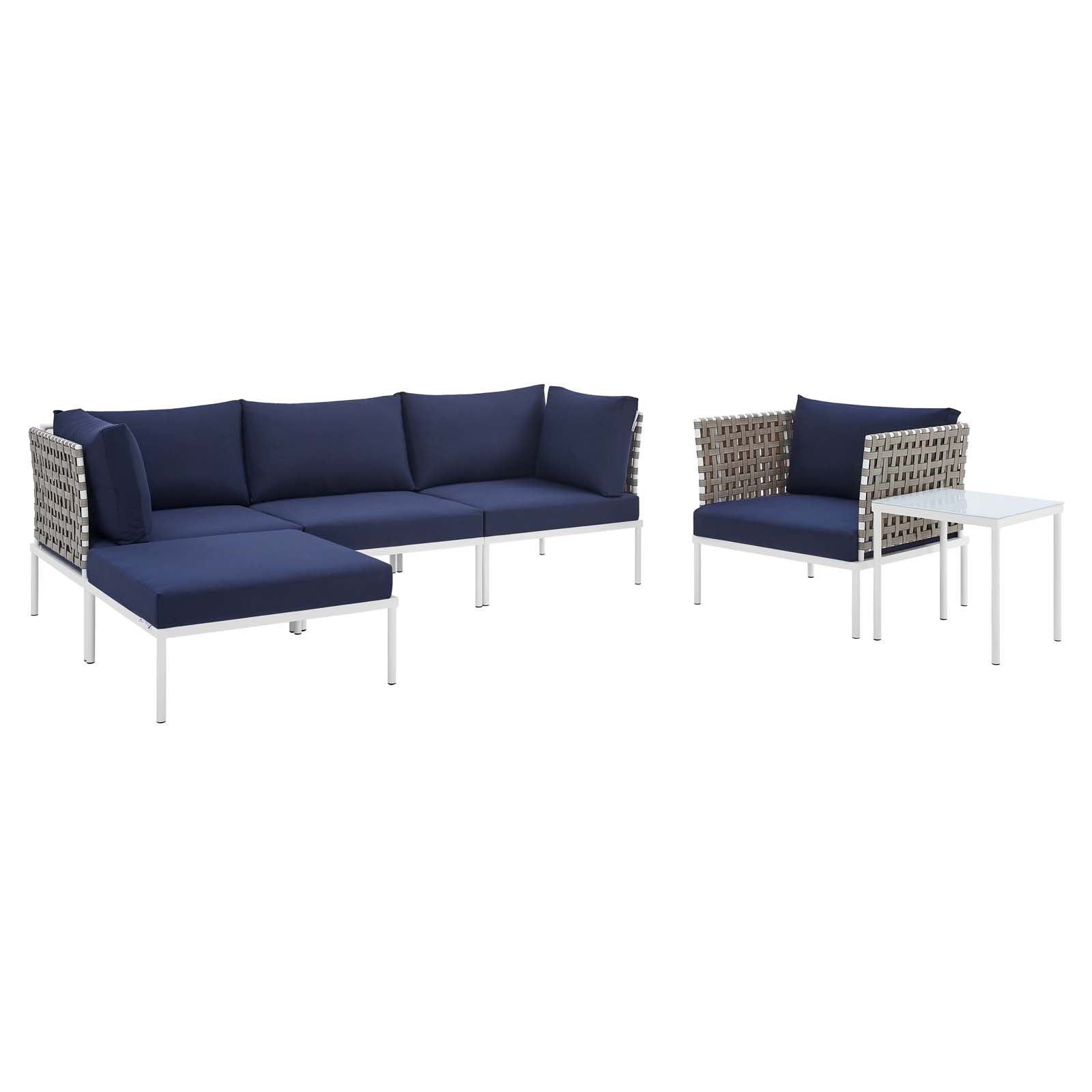 Modway Outdoor Conversation Sets - Harmony 6-Piece Sunbrella Basket Weave Outdoor Patio Aluminum Seating Set Tan Navy