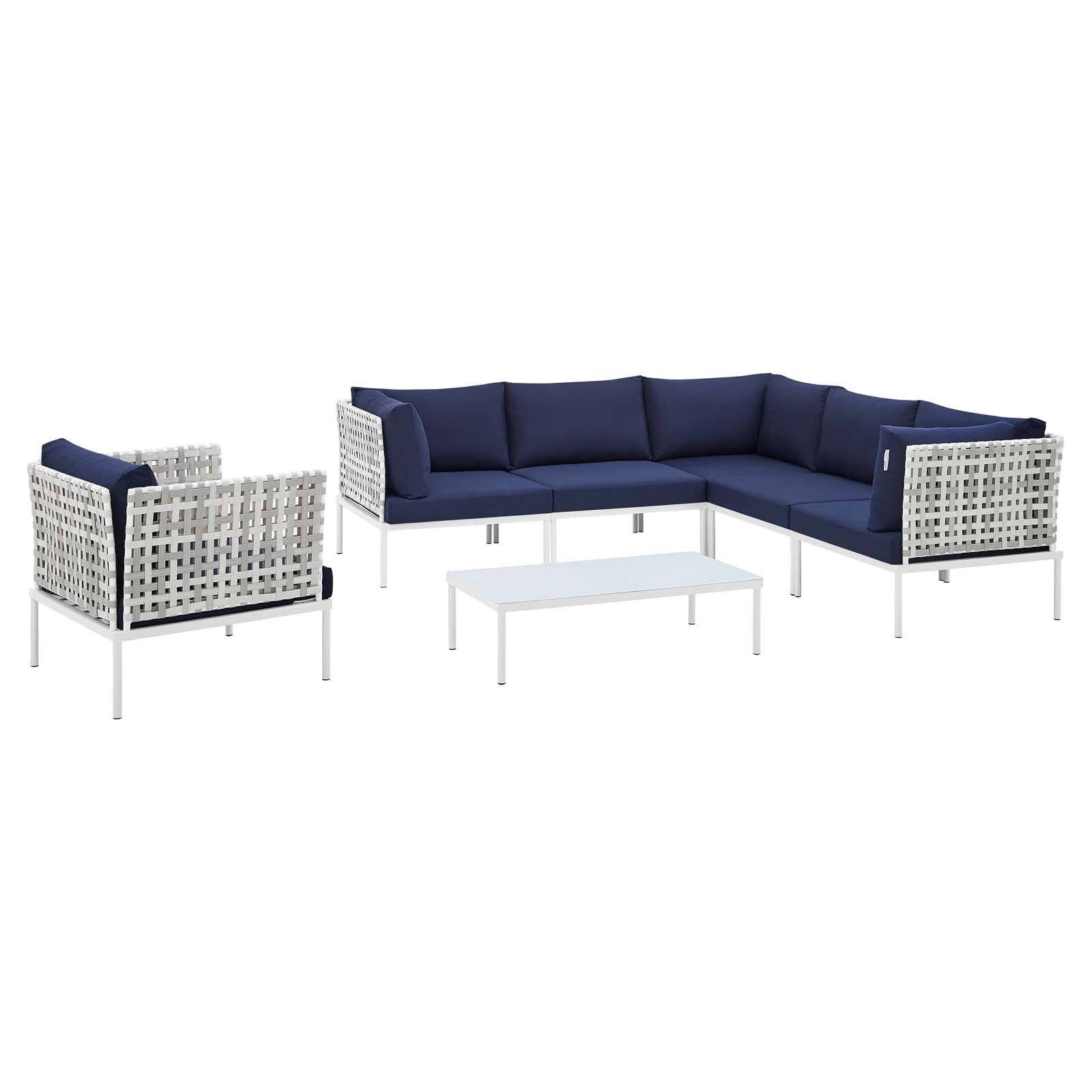 Modway Outdoor Conversation Sets - Harmony 7 Piece Sunbrella Basket Weave Outdoor Patio Aluminum Sectional Sofa Set Taupe Navy