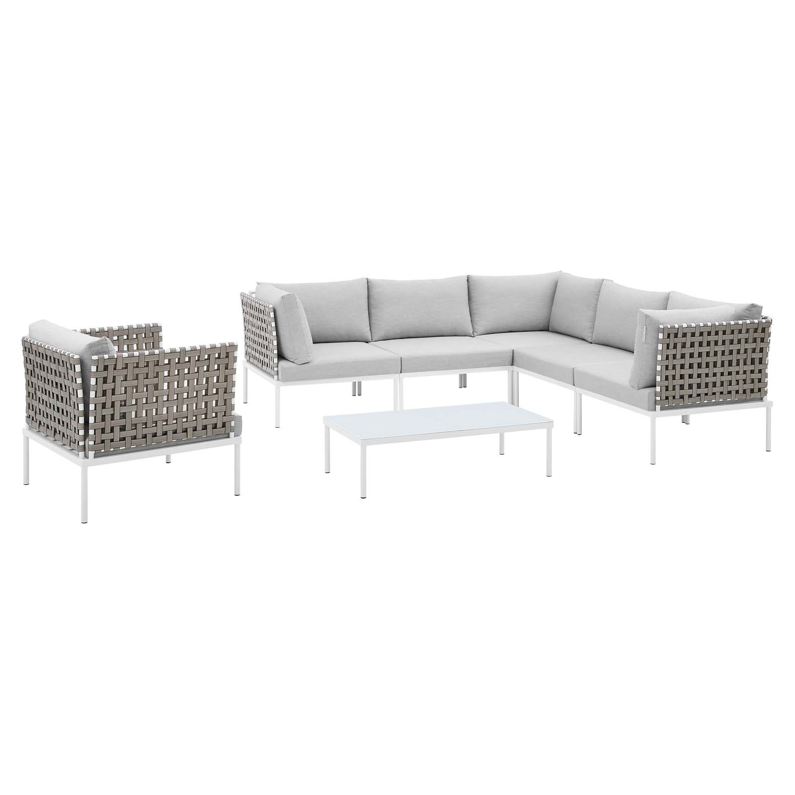 Modway Outdoor Conversation Sets - Harmony 7 Piece Sunbrella Basket Weave Outdoor Patio Aluminum Sectional Sofa Set Tan Gray