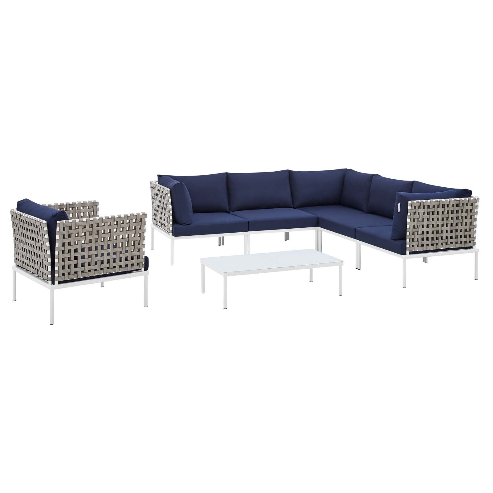 Modway Outdoor Conversation Sets - Harmony 7 Piece Sunbrella Basket Weave Outdoor Patio Aluminum Sectional Sofa Set Tan Navy