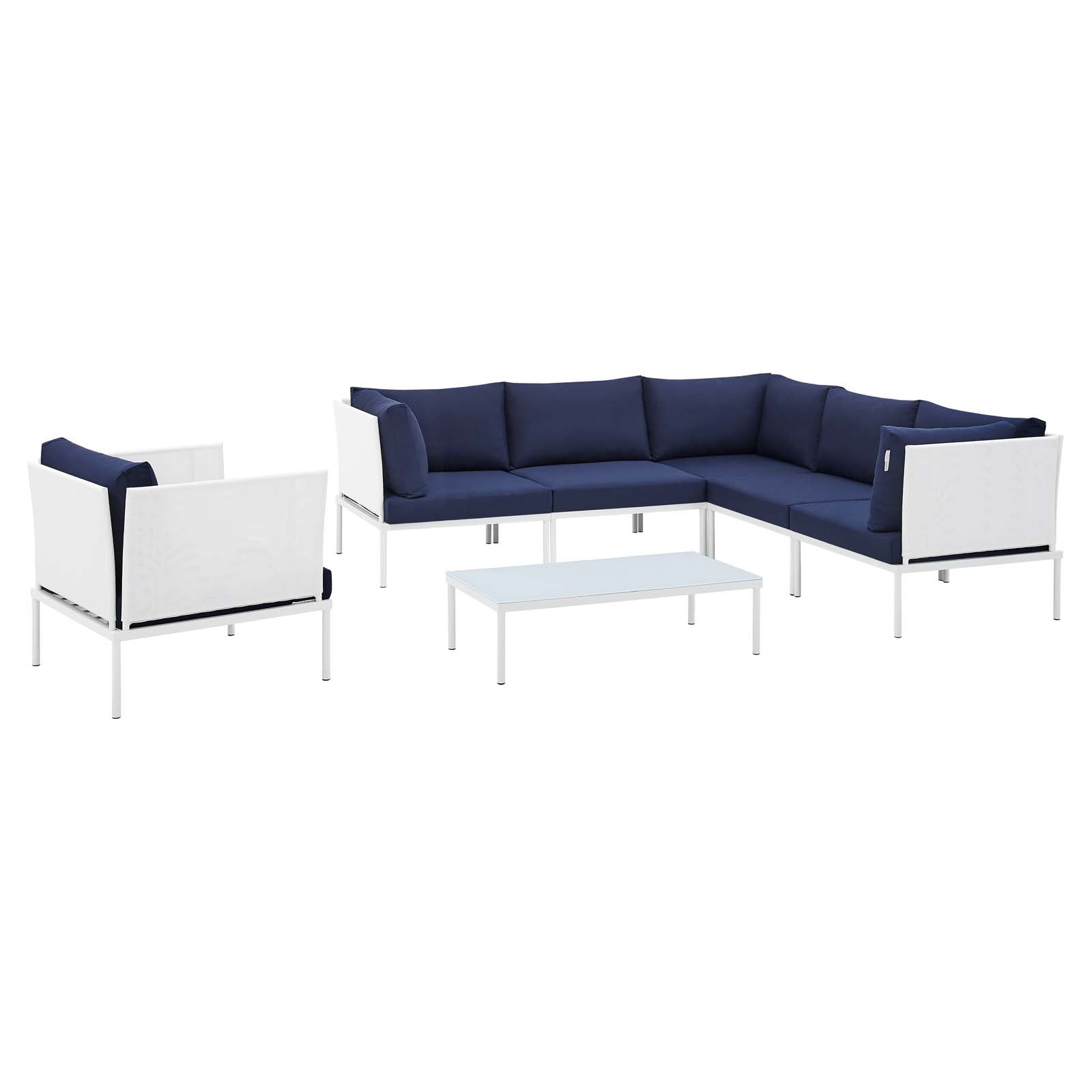 Modway Outdoor Conversation Sets - Harmony 7-Piece Sunbrella Outdoor Patio Aluminum Sectional Sofa Set White Navy