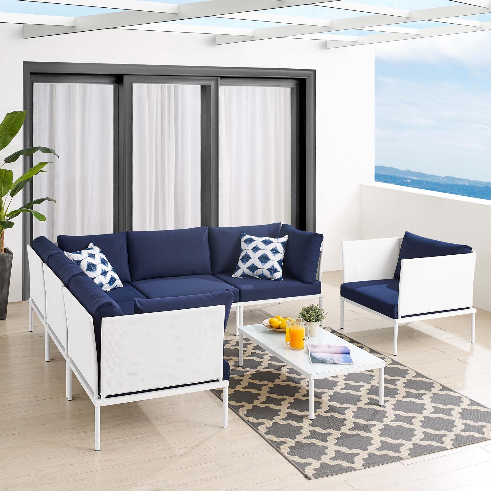 Modway Outdoor Conversation Sets - Harmony 7-Piece Sunbrella Outdoor Patio Aluminum Sectional Sofa Set White Navy