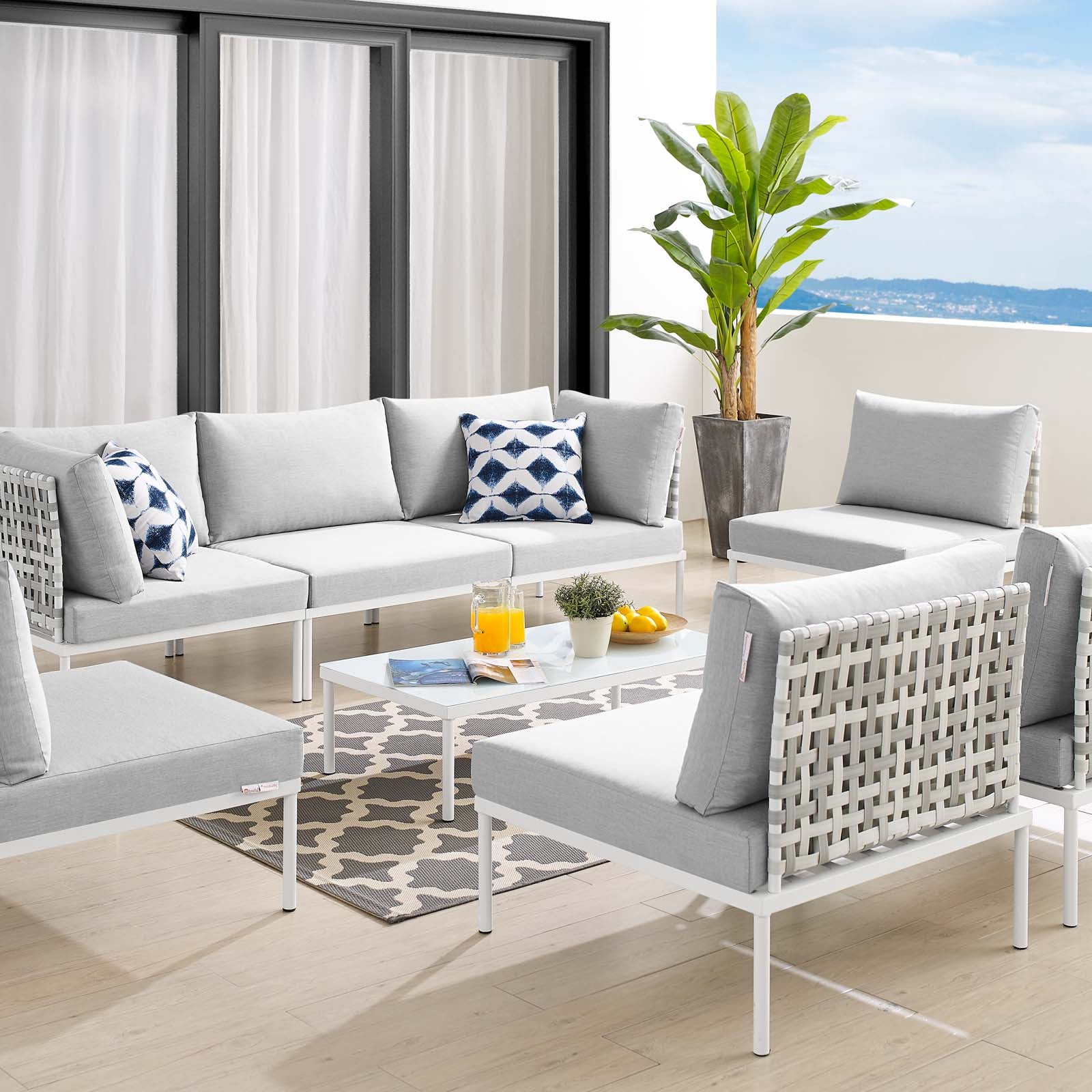 Modway Outdoor Conversation Sets - Harmony 8 Piece Sunbrella Basket Weave Outdoor Patio Sectional Sofa Set Taupe Gray