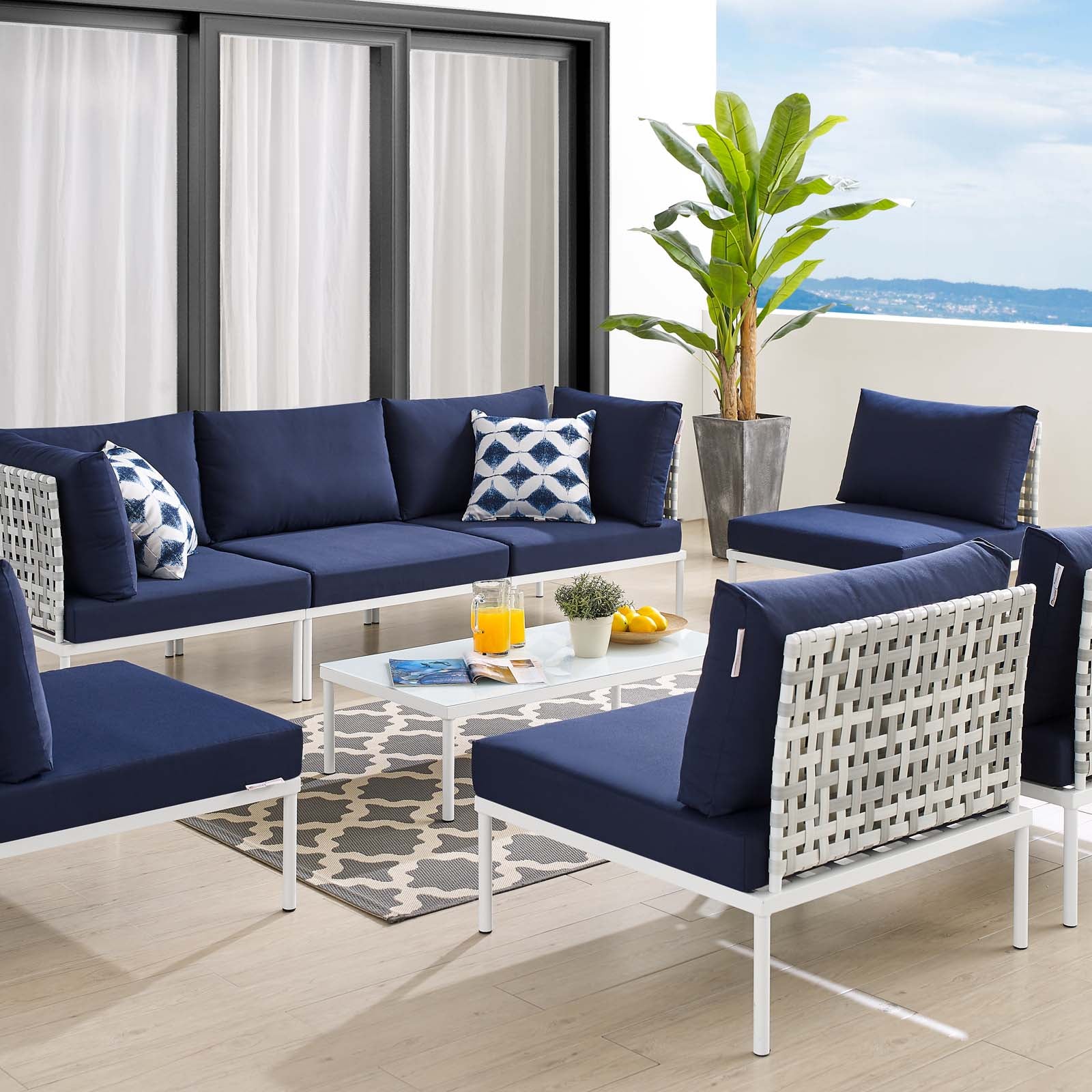 Modway Outdoor Conversation Sets - Harmony 8 Piece Outdoor Patio 163" Sectional Sofa Set Taupe Navy