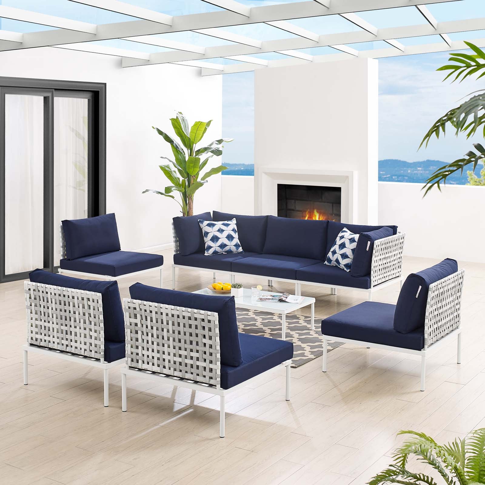 Modway Outdoor Conversation Sets - Harmony 8 Piece Outdoor Patio 163" Sectional Sofa Set Taupe Navy