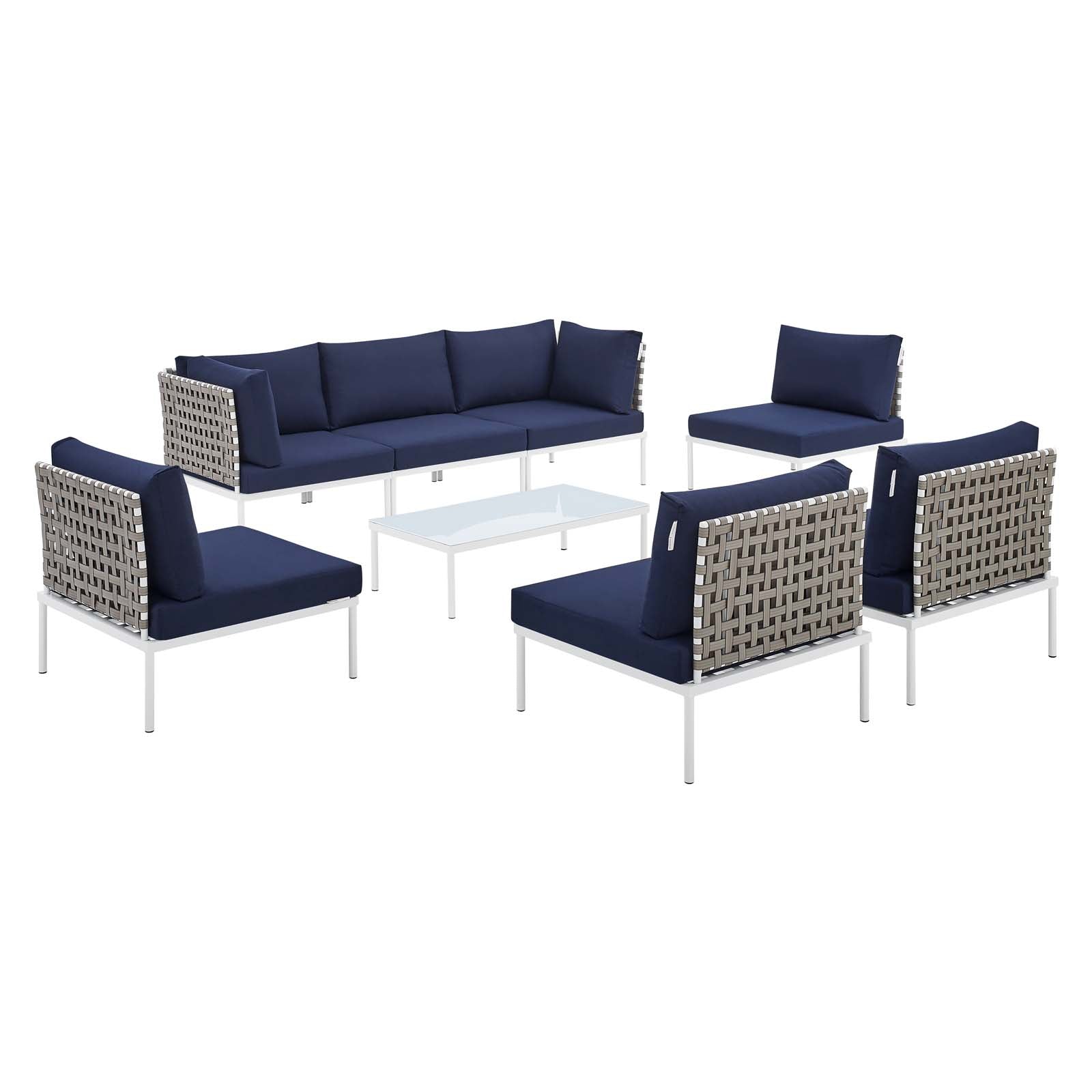 Modway Outdoor Conversation Sets - Harmony 8 Piece Sunbrella Basket Weave Outdoor Patio Sectional Sofa Set Tan Navy