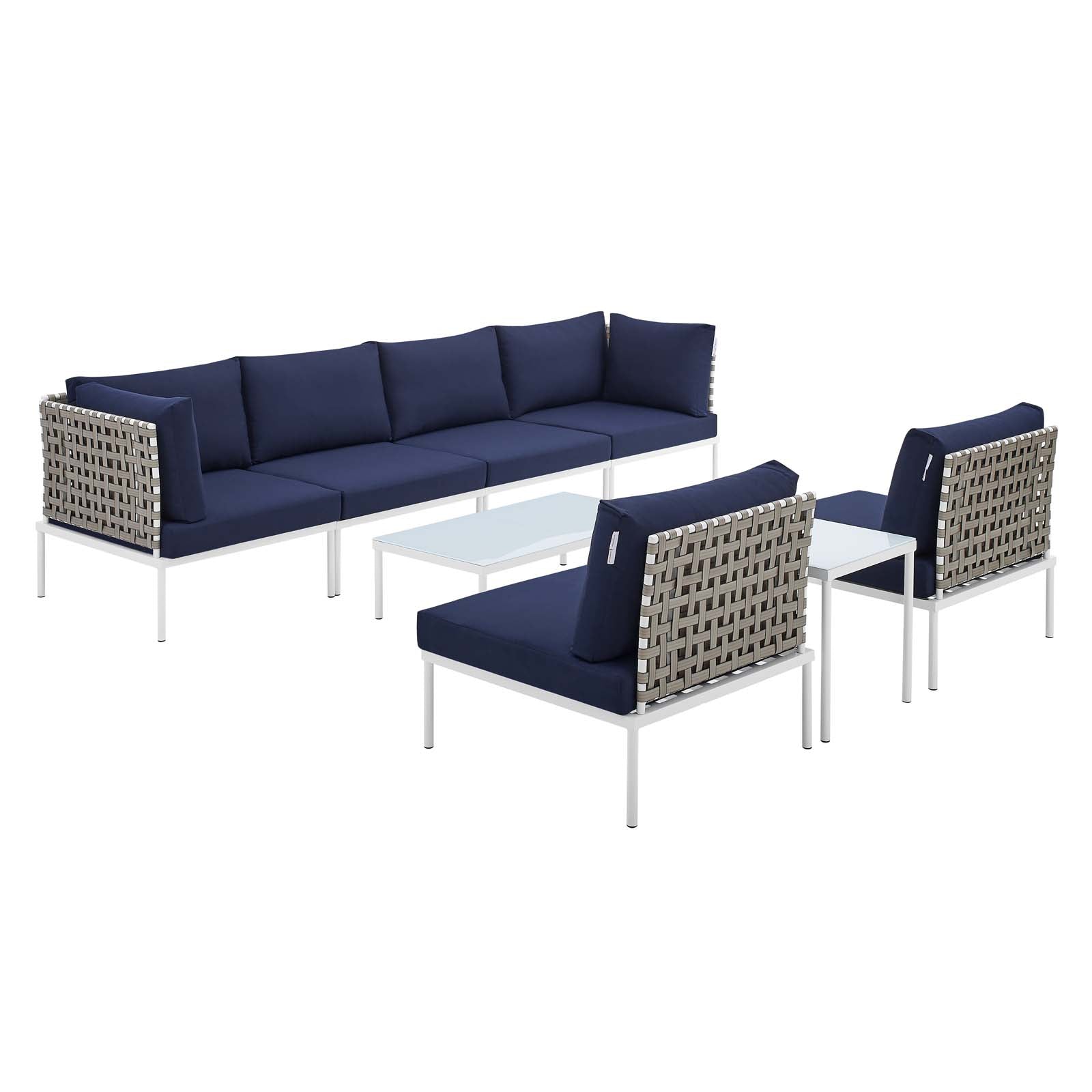 Modway Outdoor Conversation Sets - Harmony 8 Piece Sunbrella Basket Weave Outdoor Patio Aluminum Sectional Sofa Set Tan Navy