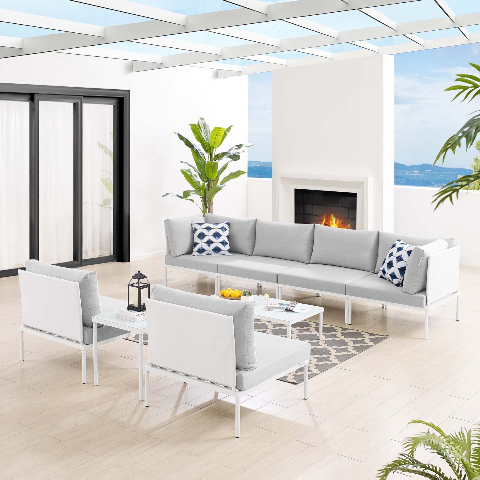 Modway Outdoor Conversation Sets - Harmony 8 Piece Sunbrella Outdoor Patio Sectional Sofa Set White Gray