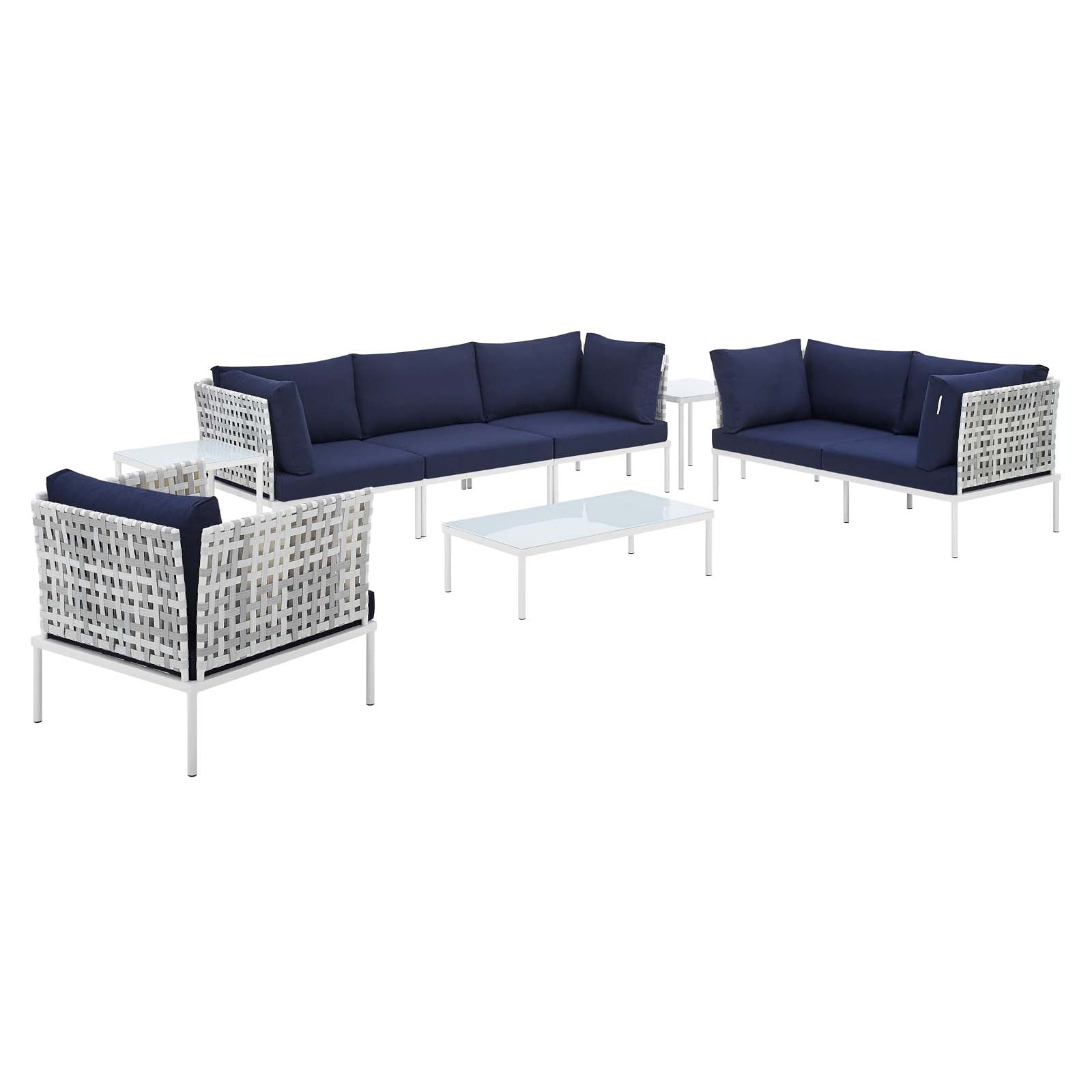 Modway Outdoor Conversation Sets - Harmony 8 Piece Sunbrella Basket Weave Outdoor Patio Aluminum Seating Set Taupe Navy