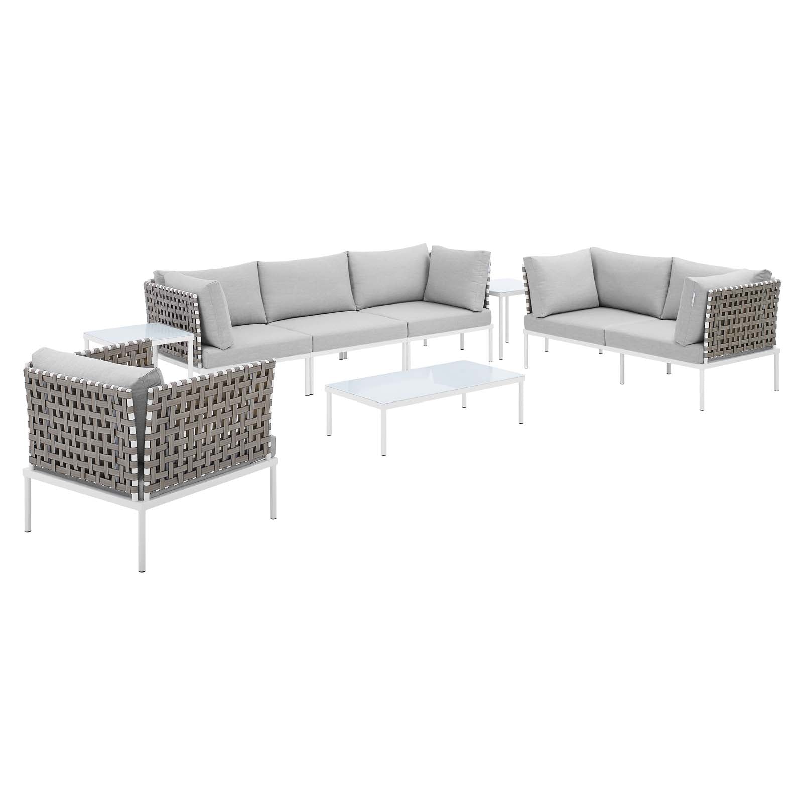 Modway Outdoor Conversation Sets - Harmony 8 Piece Sunbrella Basket Weave Outdoor Patio Aluminum Seating Set Tan Gray