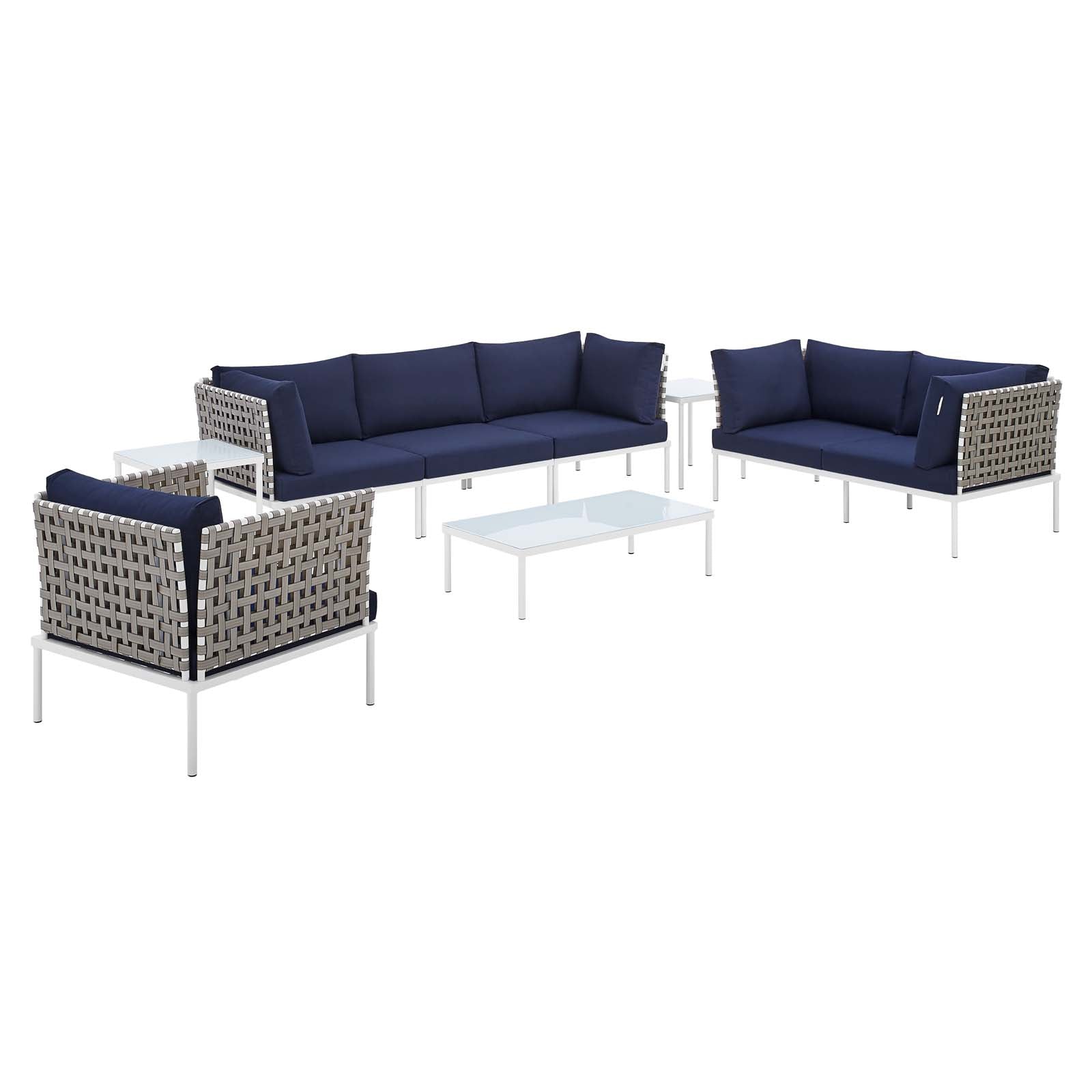 Modway Outdoor Conversation Sets - Harmony 8 Piece Sunbrella Basket Weave Outdoor Patio Aluminum Seating Set Tan Navy