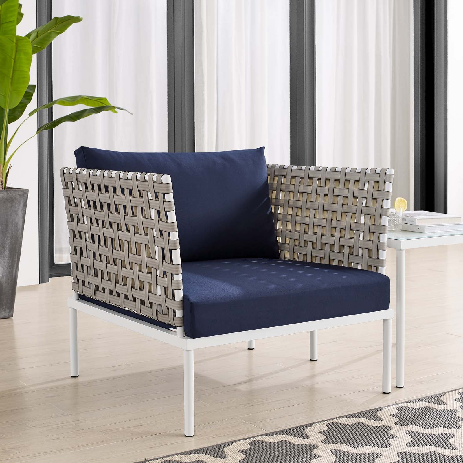Modway Outdoor Chairs - Harmony Sunbrella Basket Weave Outdoor Patio Aluminum Armchair Tan Navy