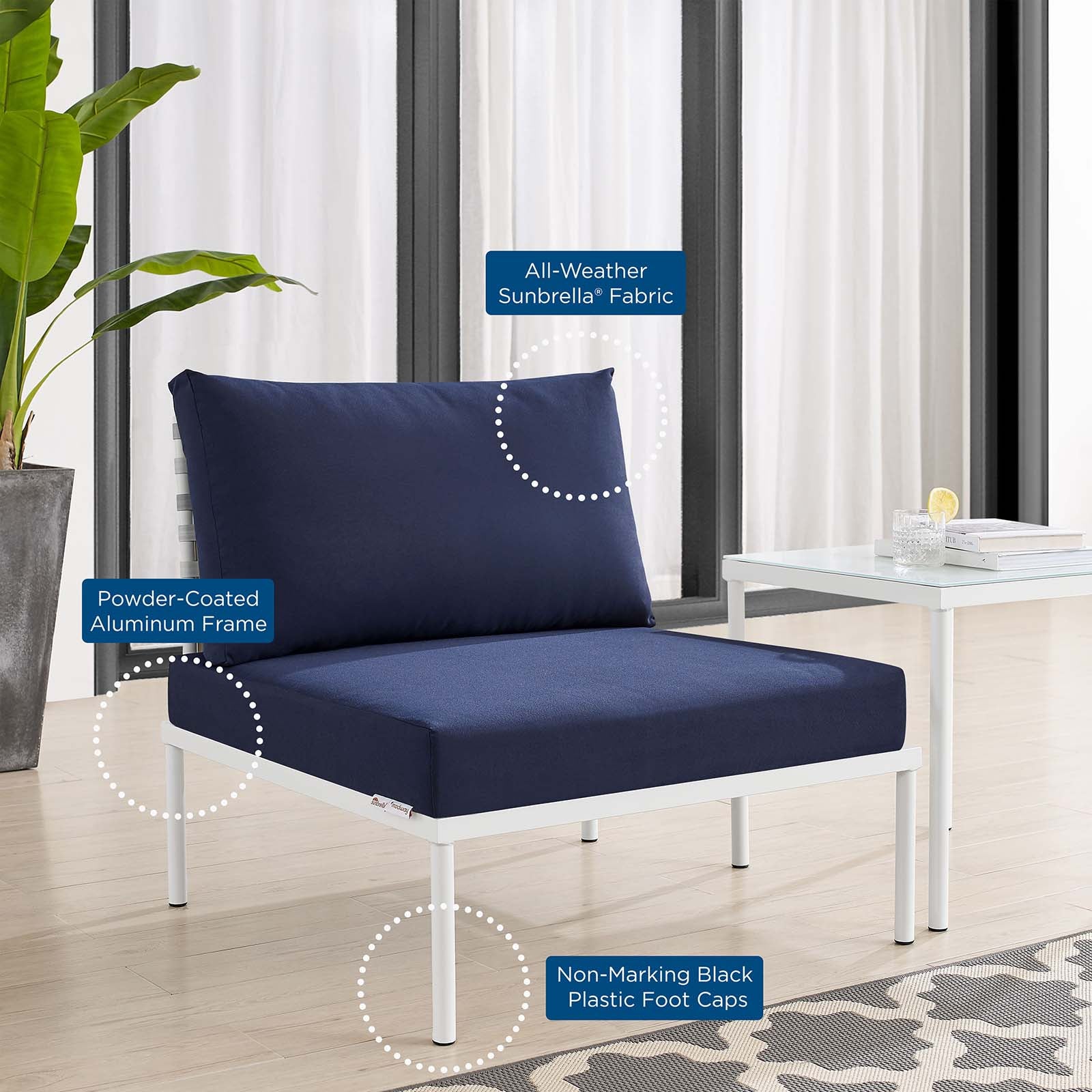 Modway Outdoor Chairs - Harmony Sunbrella Basket Weave Outdoor Patio Aluminum Armless Chair Taupe Navy