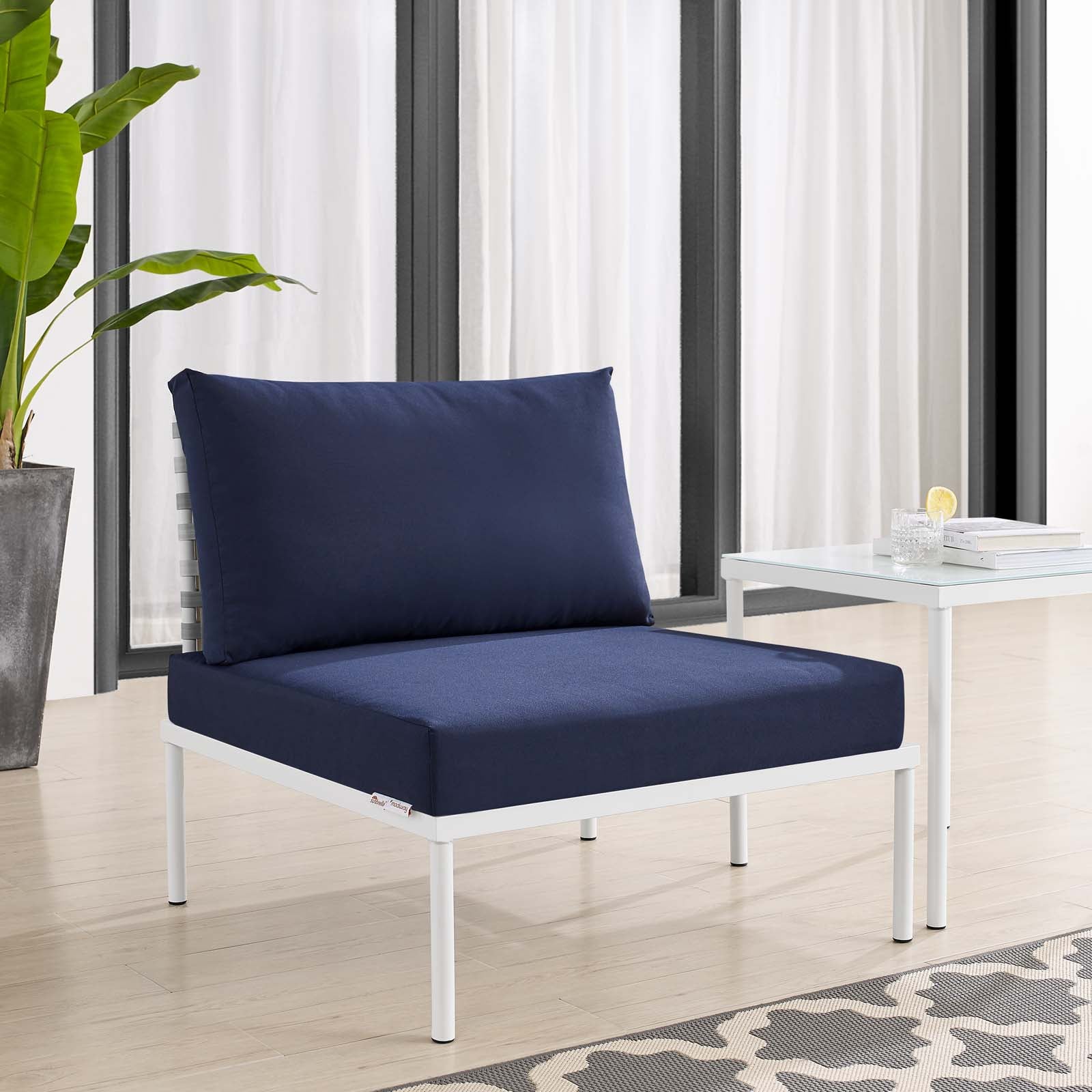 Modway Outdoor Chairs - Harmony Sunbrella Basket Weave Outdoor Patio Aluminum Armless Chair Taupe Navy