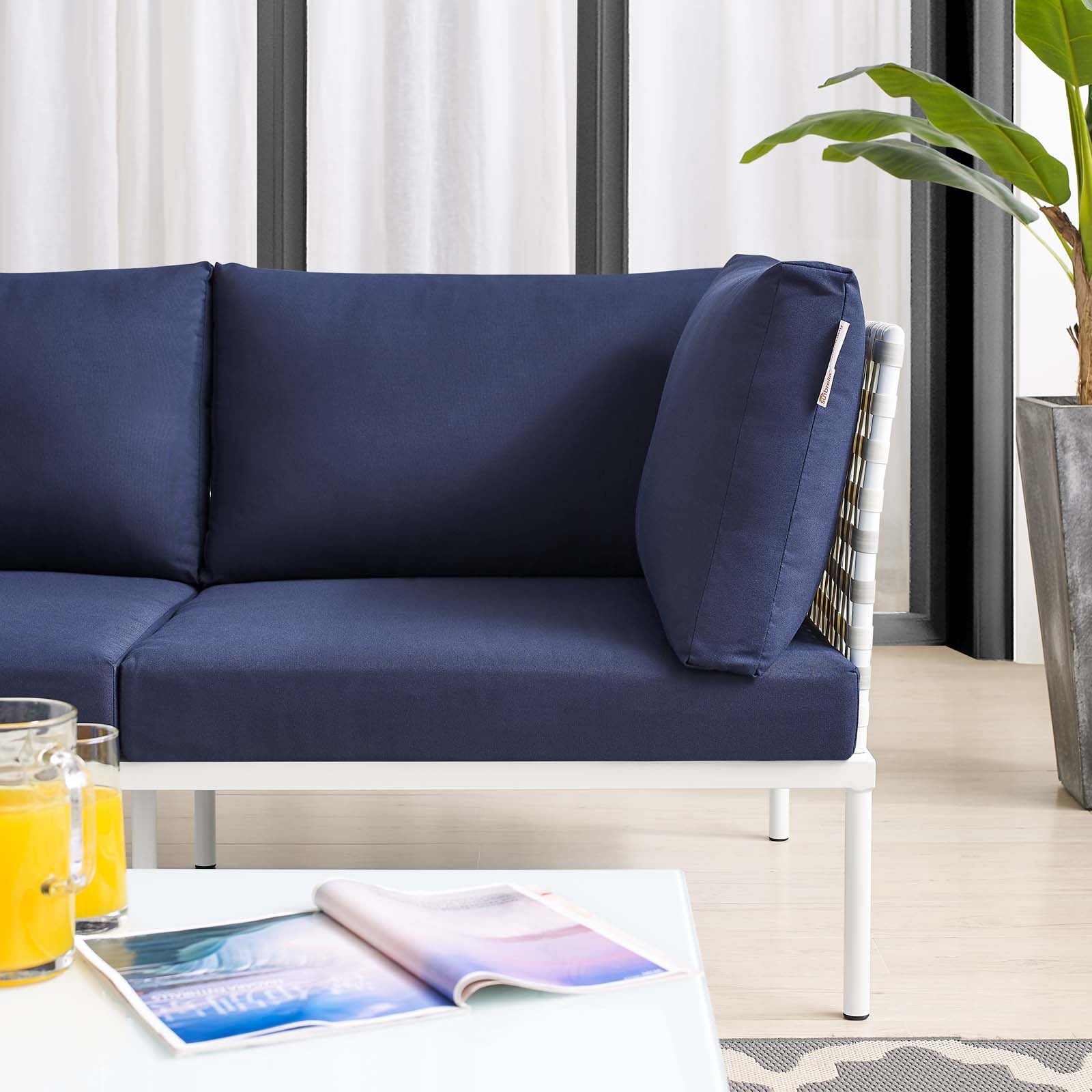 Modway Outdoor Sofas - Harmony Sunbrella Basket Weave Outdoor Patio Aluminum Loveseat Taupe Navy