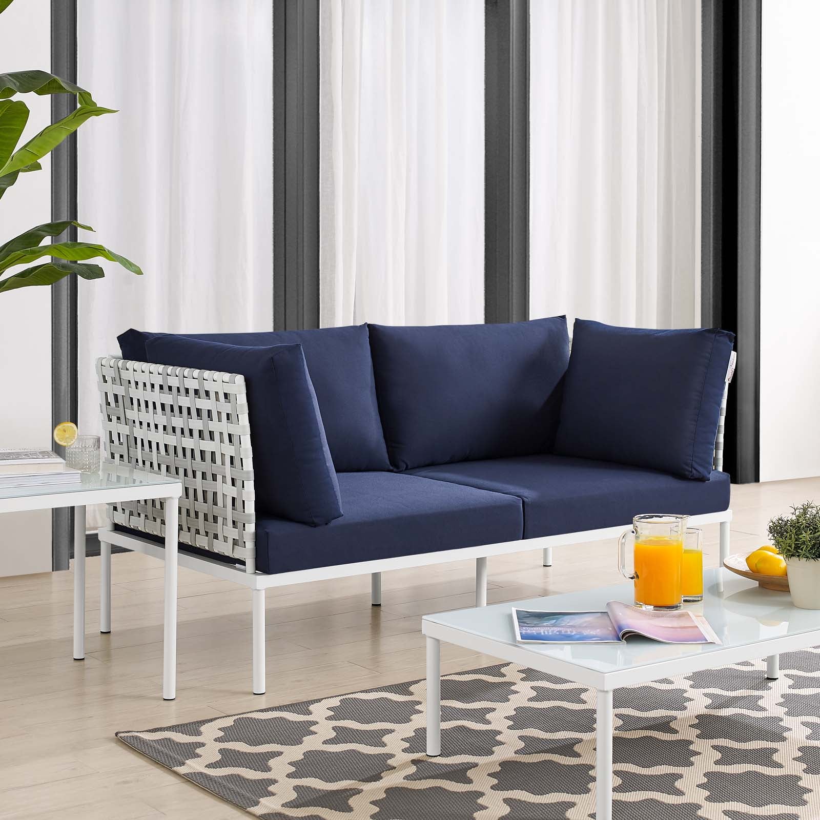 Modway Outdoor Sofas - Harmony Sunbrella Basket Weave Outdoor Patio Aluminum Loveseat Taupe Navy