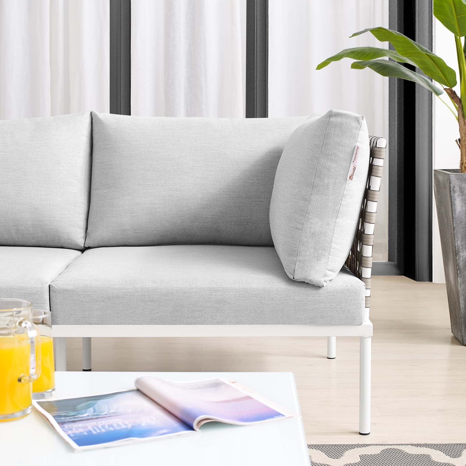 Modway Outdoor Sofas - Harmony Sunbrella Basket Weave Outdoor Patio Aluminum Loveseat Tan Gray