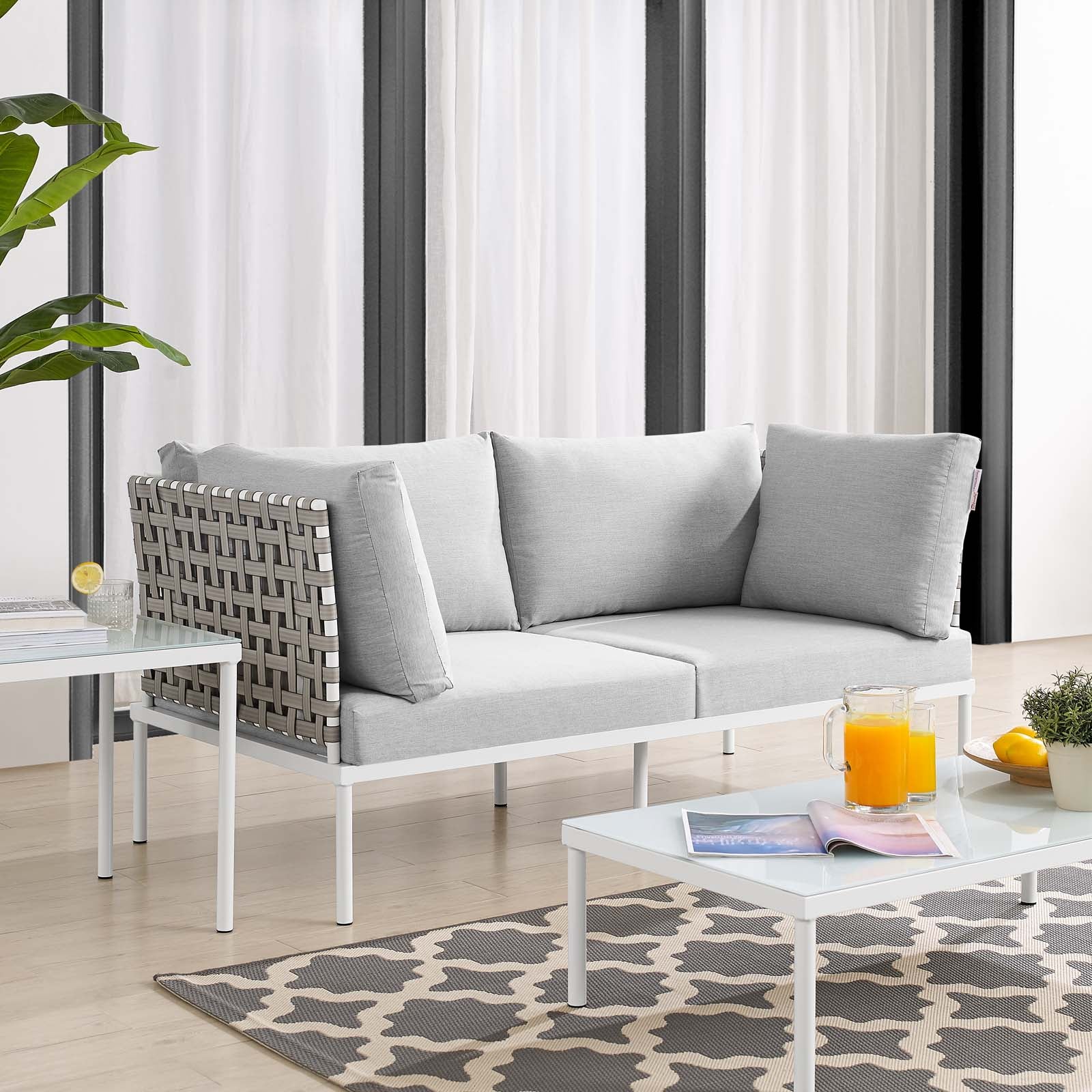 Modway Outdoor Sofas - Harmony Sunbrella Basket Weave Outdoor Patio Aluminum Loveseat Tan Gray